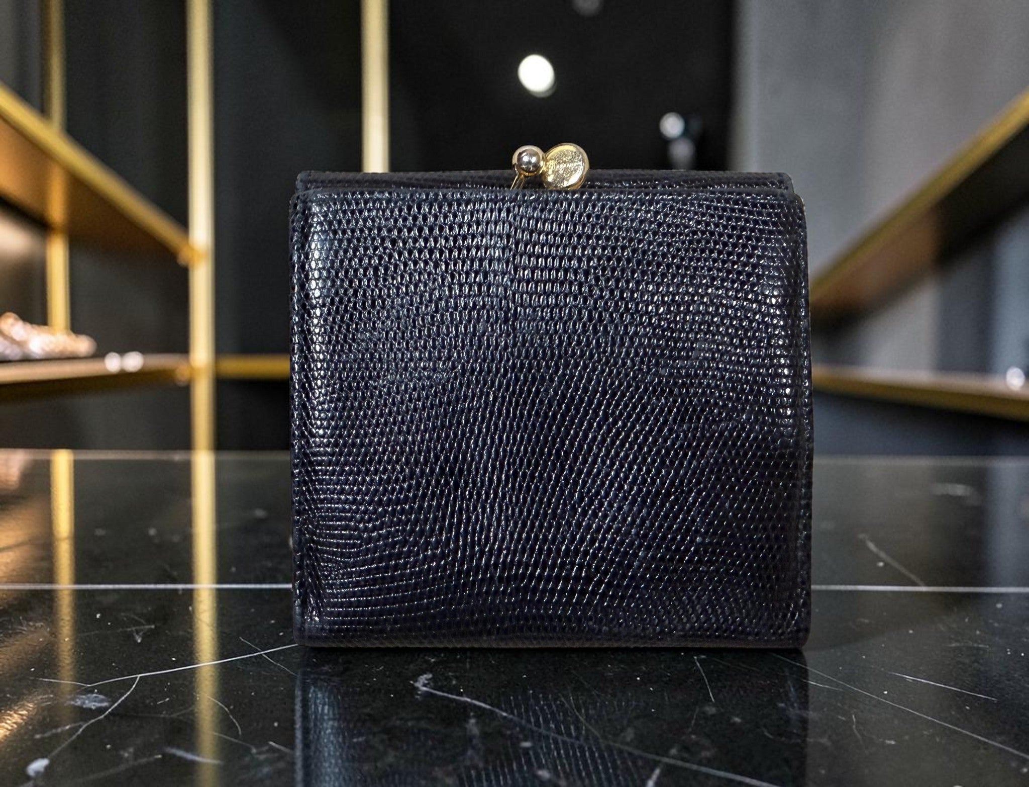 Salvatore Ferragamo Vara Bow Black Lizard-Embossed Leather Compact Wallet