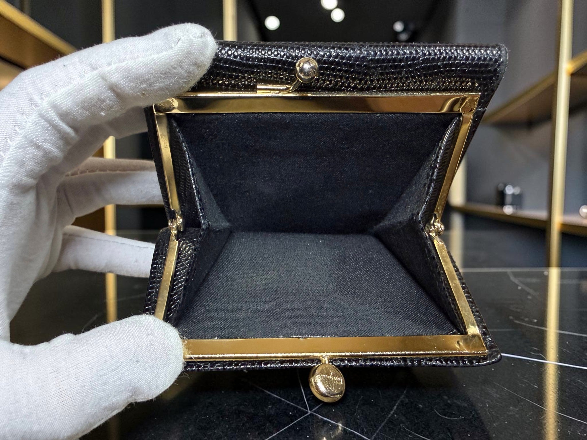 Salvatore Ferragamo Vara Bow Black Lizard-Embossed Leather Compact Wallet