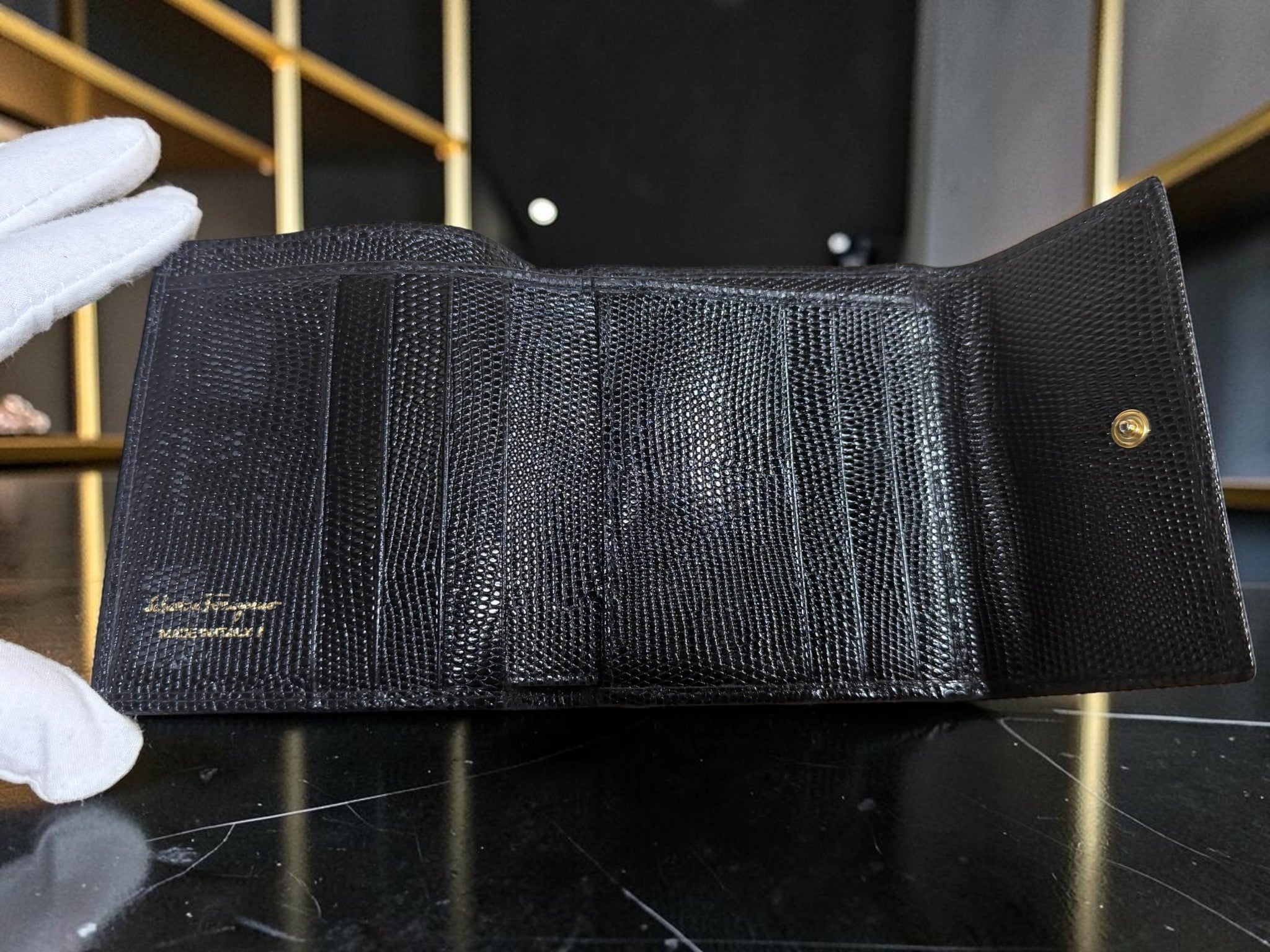 Salvatore Ferragamo Vara Bow Black Lizard-Embossed Leather Compact Wallet