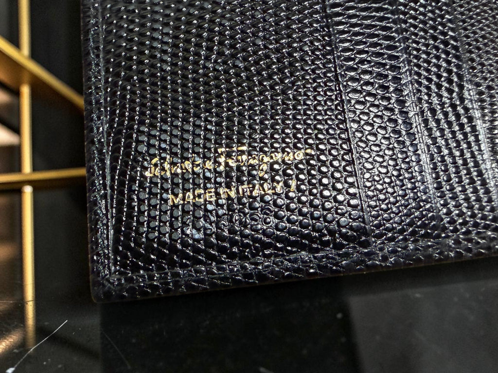 Salvatore Ferragamo Vara Bow Black Lizard-Embossed Leather Compact Wallet