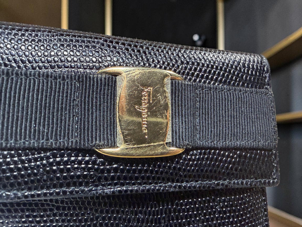 Salvatore Ferragamo Vara Bow Black Lizard-Embossed Leather Compact Wallet