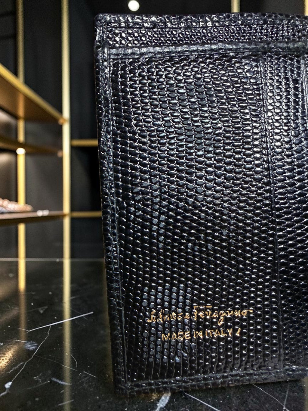 Salvatore Ferragamo Vara Bow Black Lizard-Embossed Leather Compact Wallet