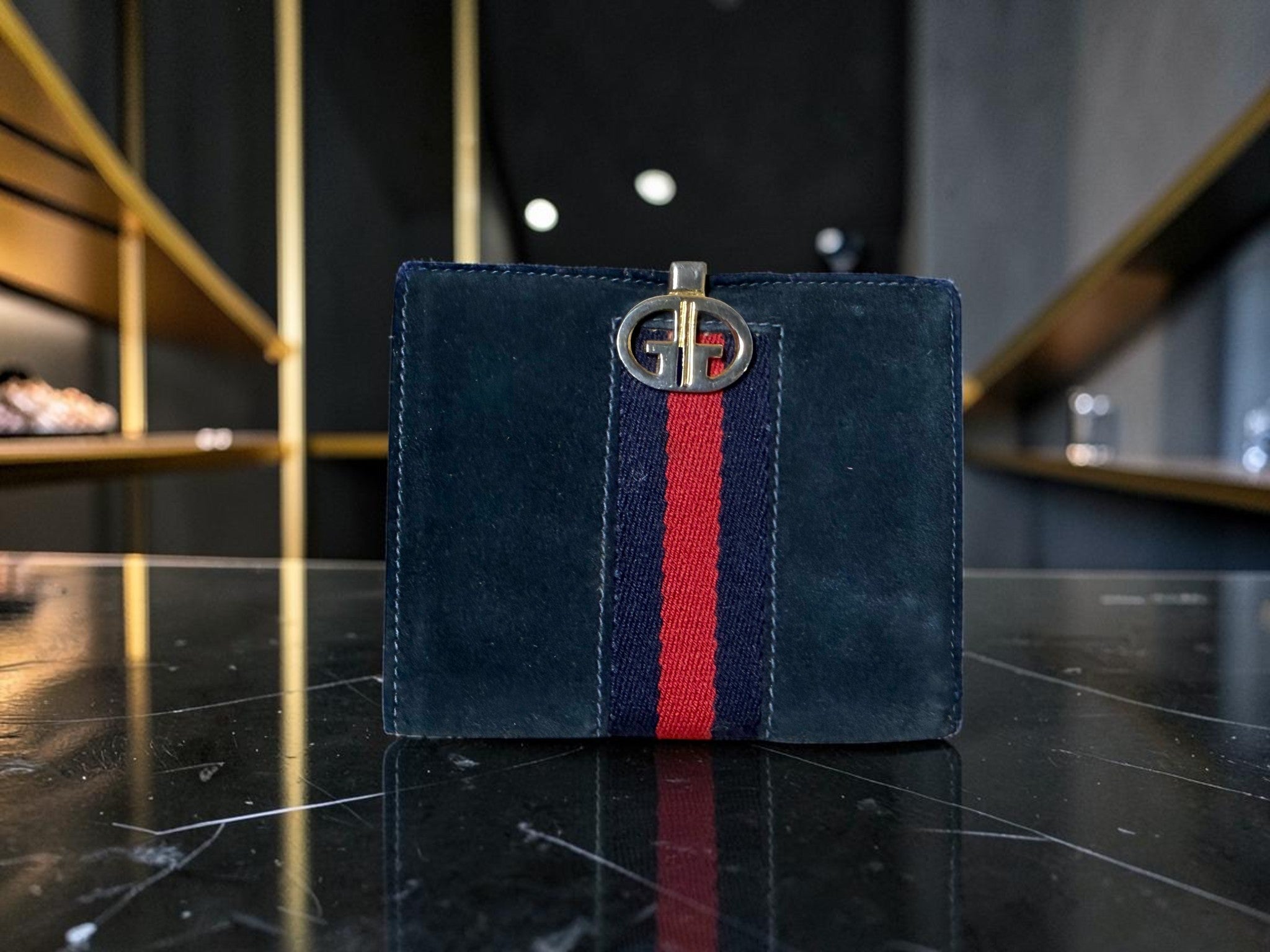 Vintage Gucci Sherry Line Navy Suede Compact Wallet - G. Gucci Engraving
