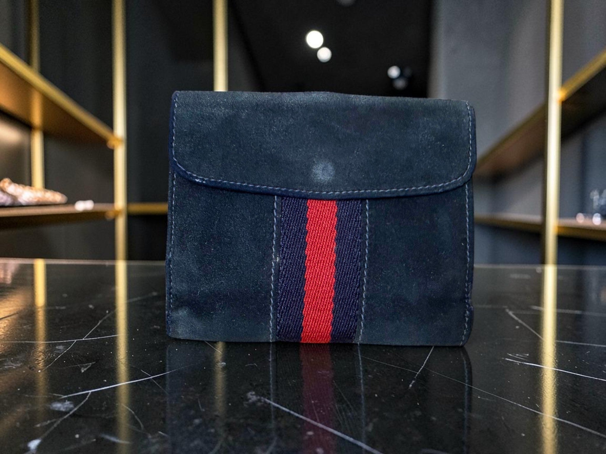 Vintage Gucci Sherry Line Navy Suede Compact Wallet - G. Gucci Engraving