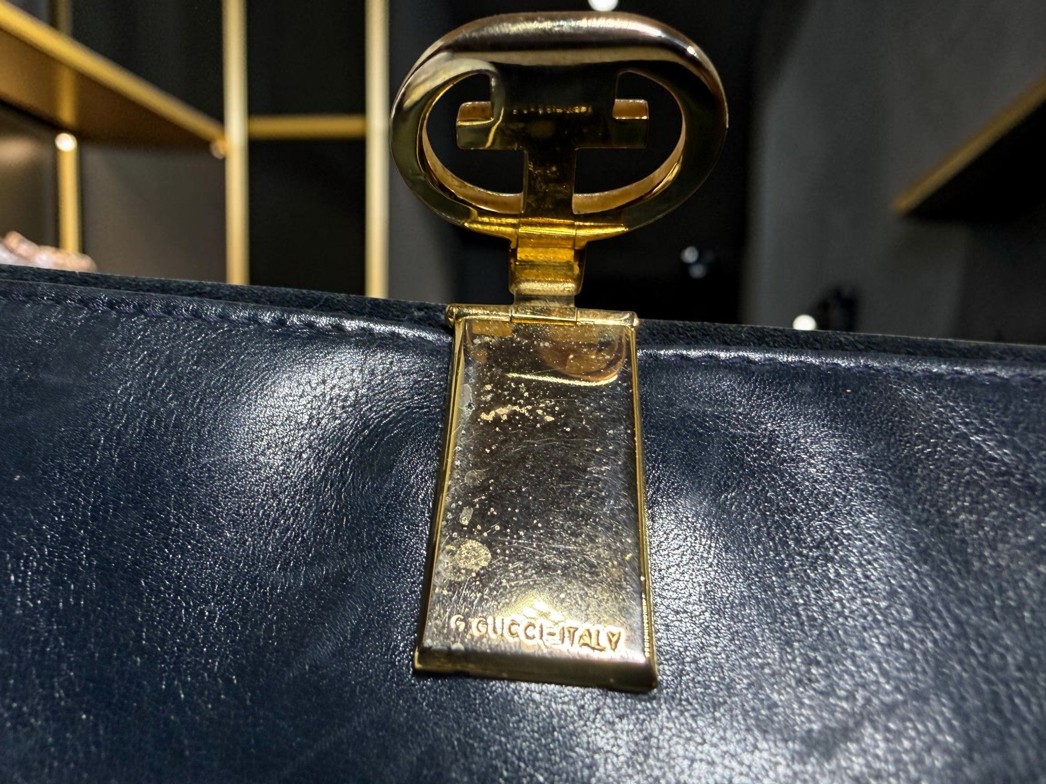 Vintage Gucci Sherry Line Navy Suede Compact Wallet - G. Gucci Engraving