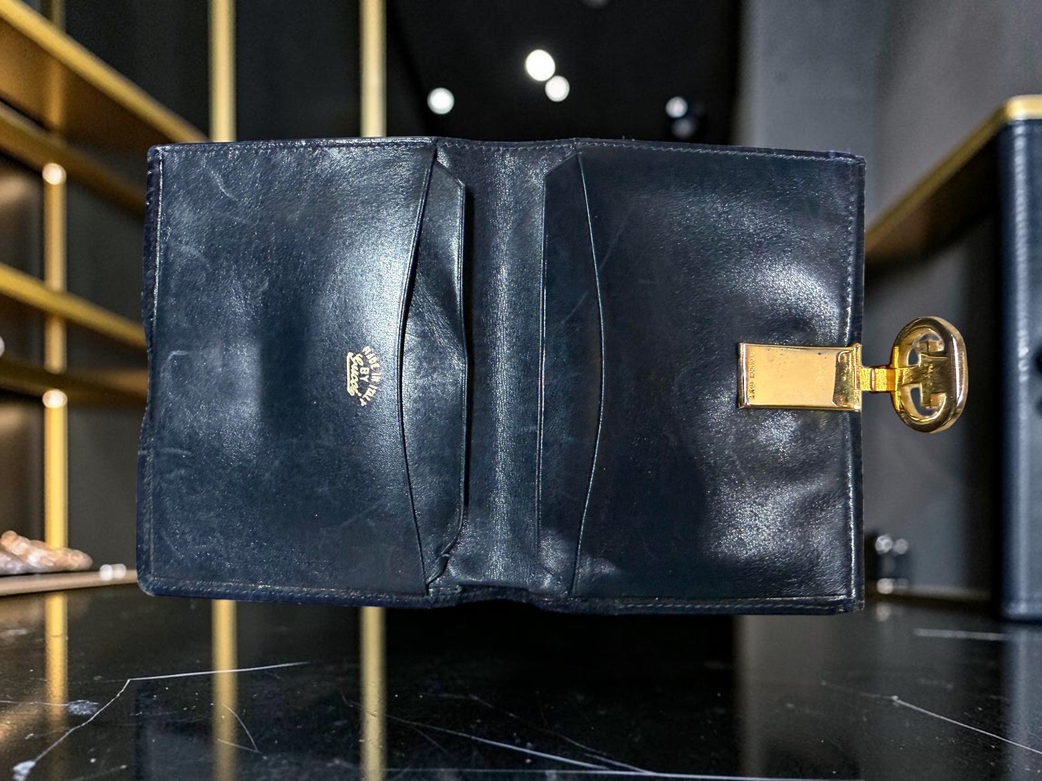 Vintage Gucci Sherry Line Navy Suede Compact Wallet - G. Gucci Engraving