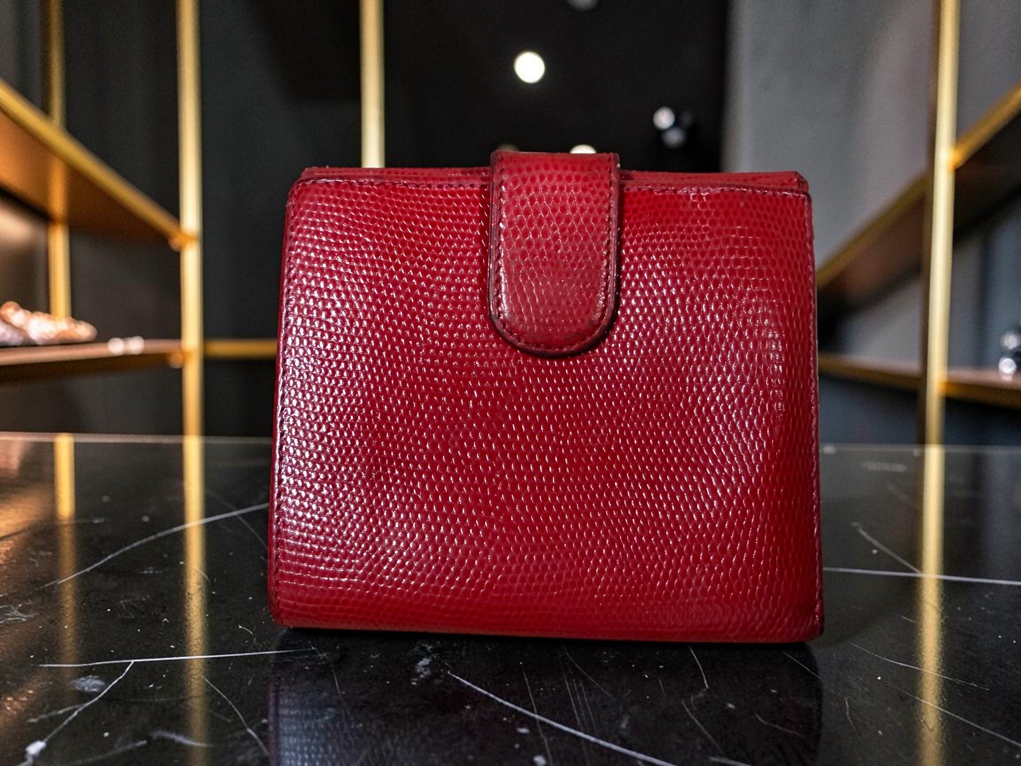 Salvatore Ferragamo Vara Bow Red Lizard-Embossed Leather Compact Wallet