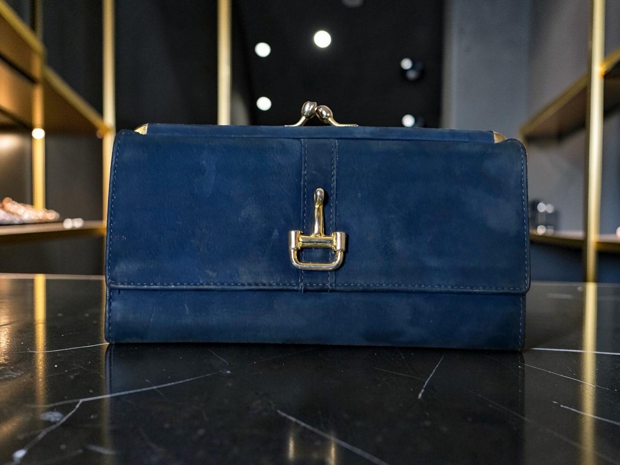 Vintage Céline Navy Blue Suede Long Wallet with Horsebit Buckle