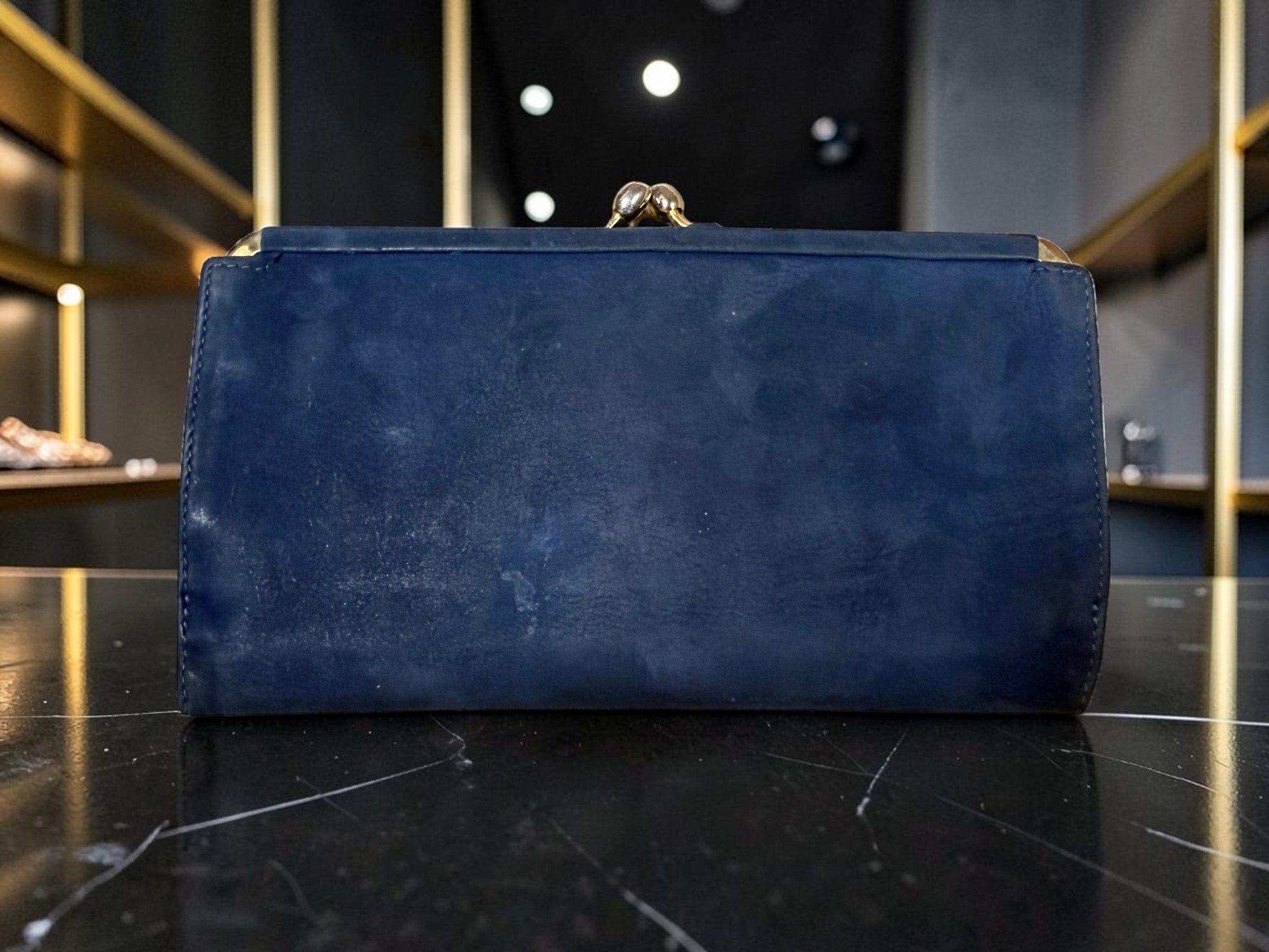 Vintage Céline Navy Blue Suede Long Wallet with Horsebit Buckle