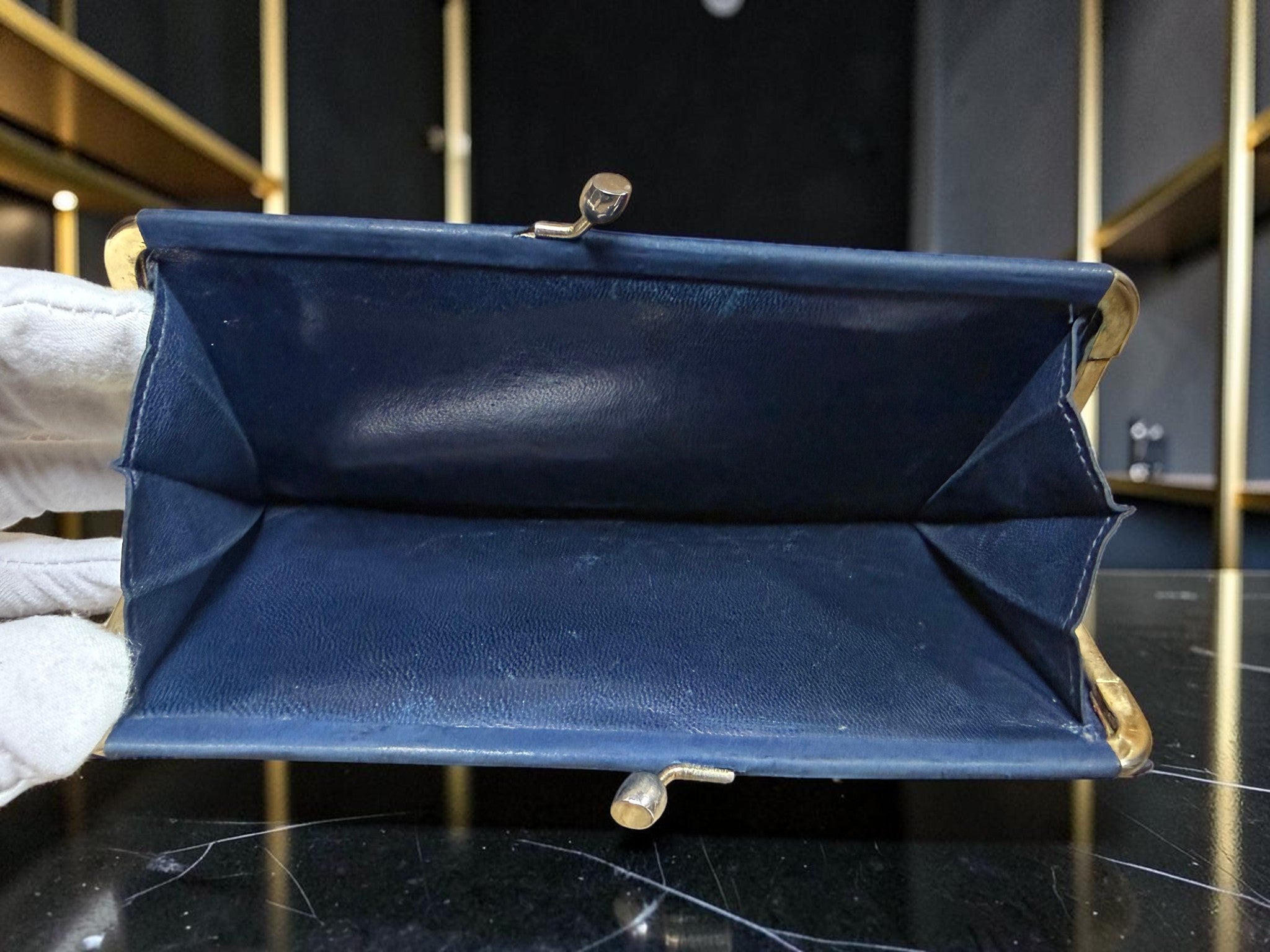 Vintage Céline Navy Blue Suede Long Wallet with Horsebit Buckle