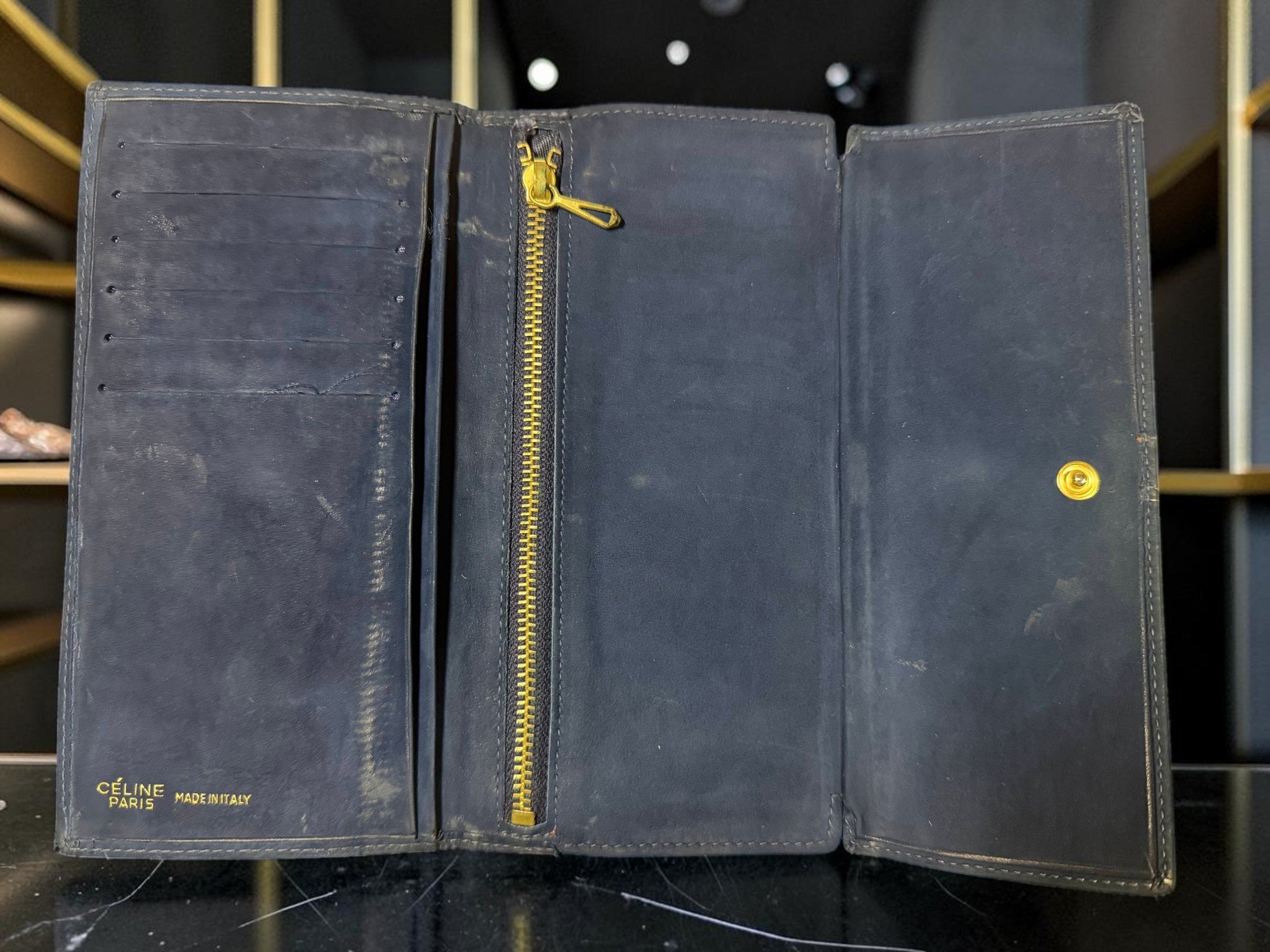 Vintage Céline Navy Blue Suede Long Wallet with Horsebit Buckle