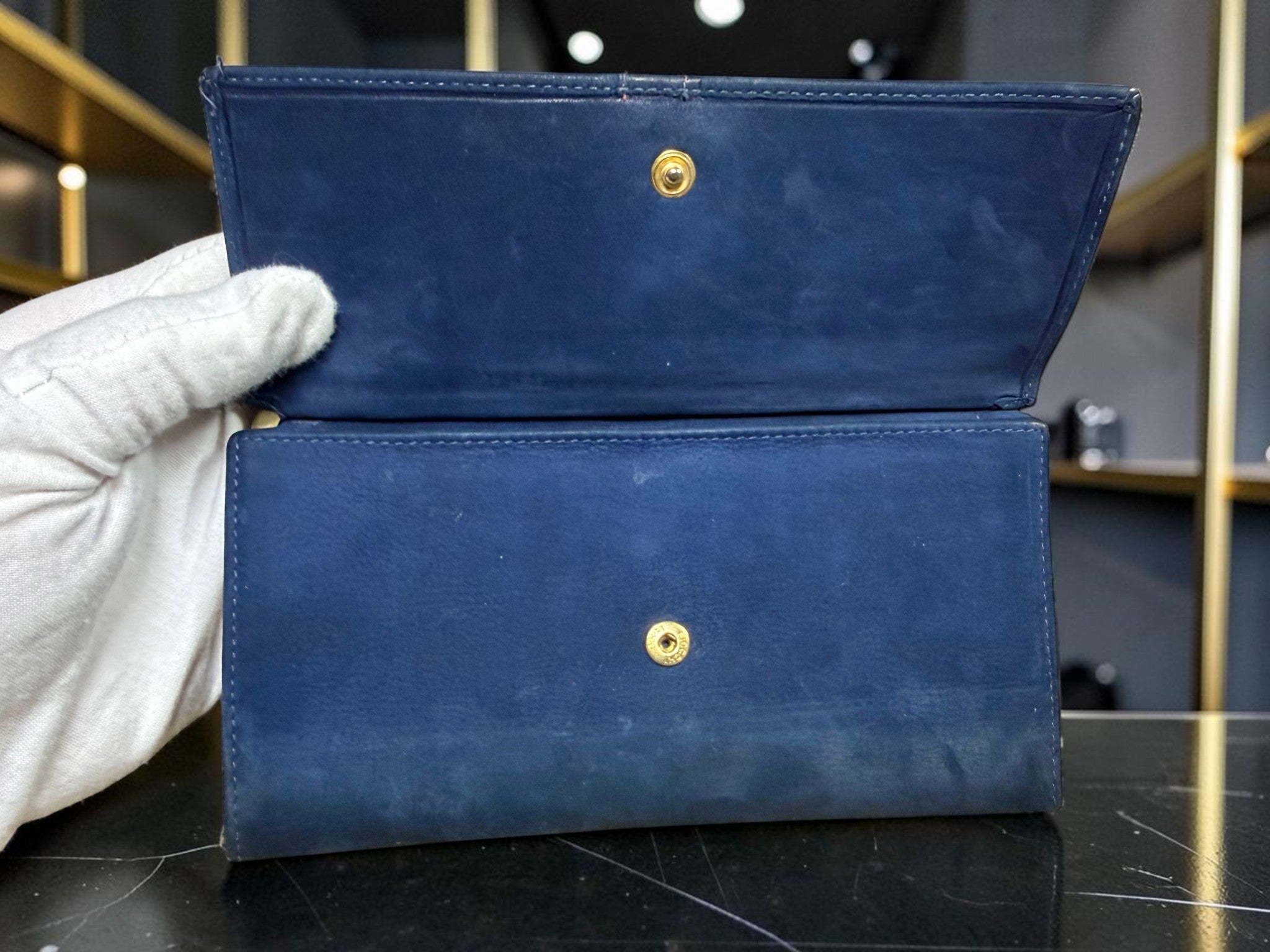 Vintage Céline Navy Blue Suede Long Wallet with Horsebit Buckle