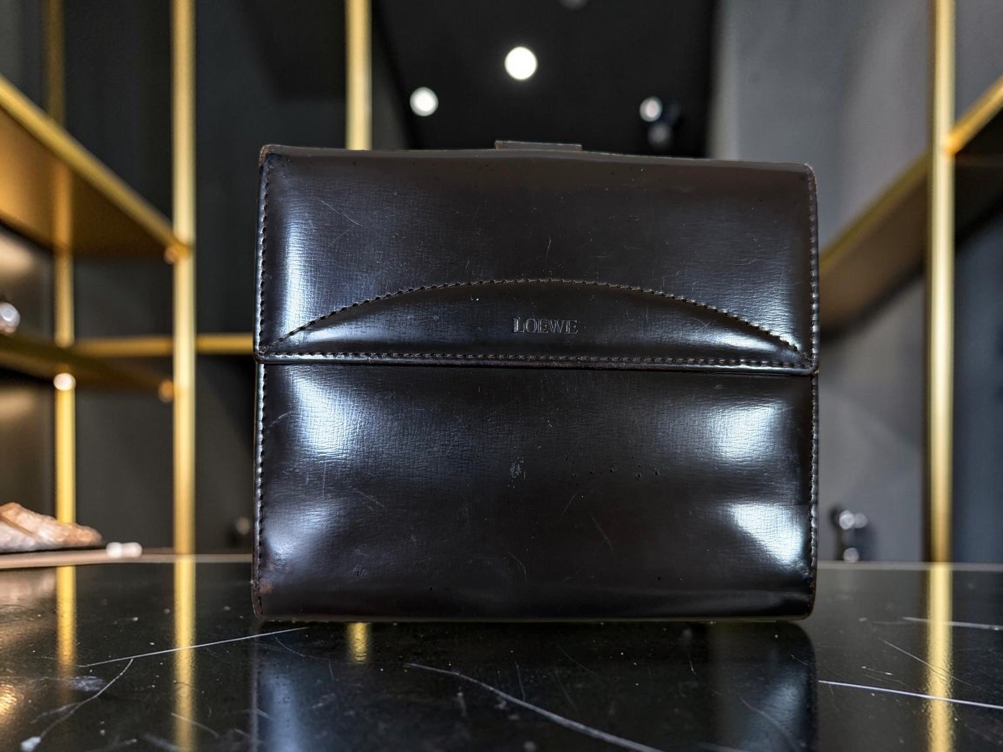 Vintage Loewe Compact Brown Leather Wallet with Tab Closure