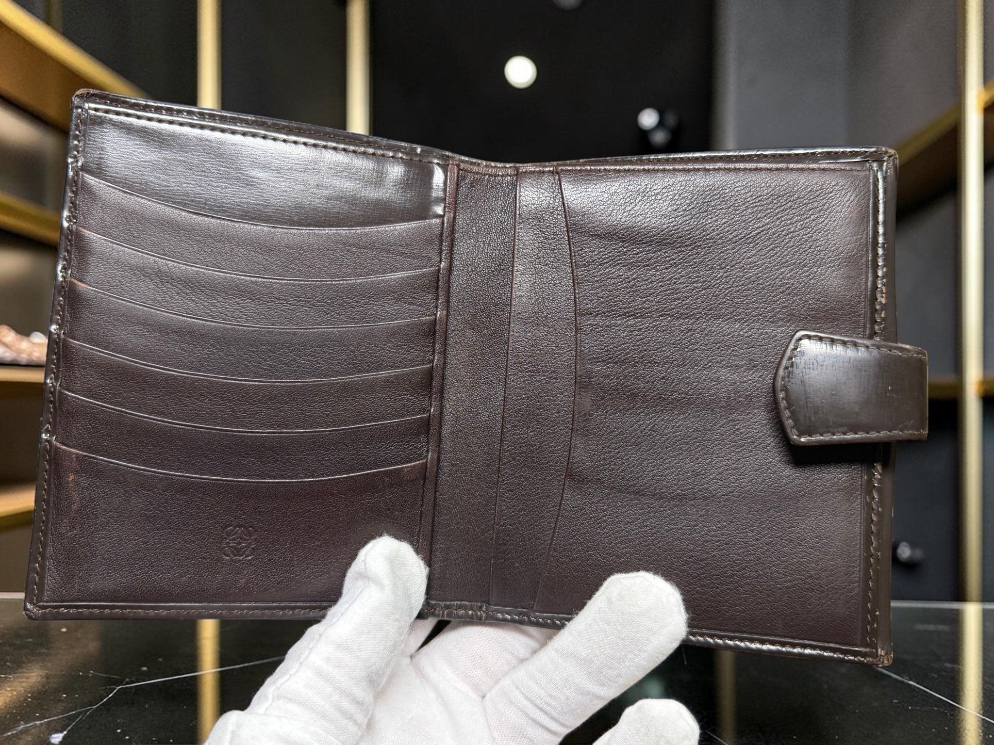 Vintage Loewe Compact Brown Leather Wallet with Tab Closure