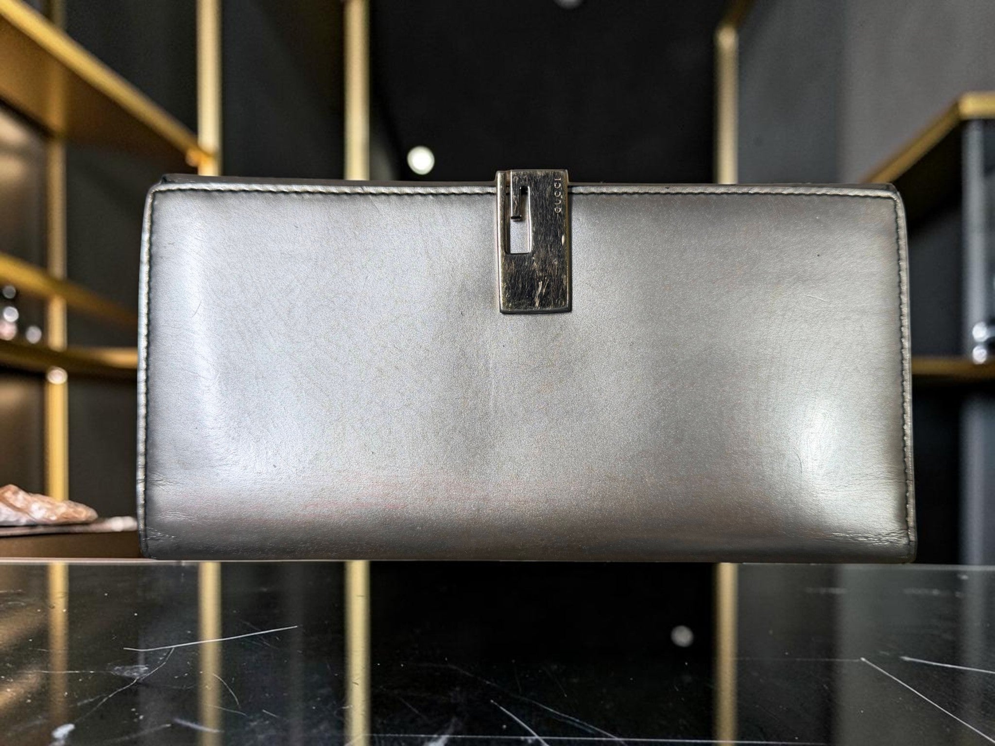 Vintage Gucci Metallic Silver Leather Long Wallet