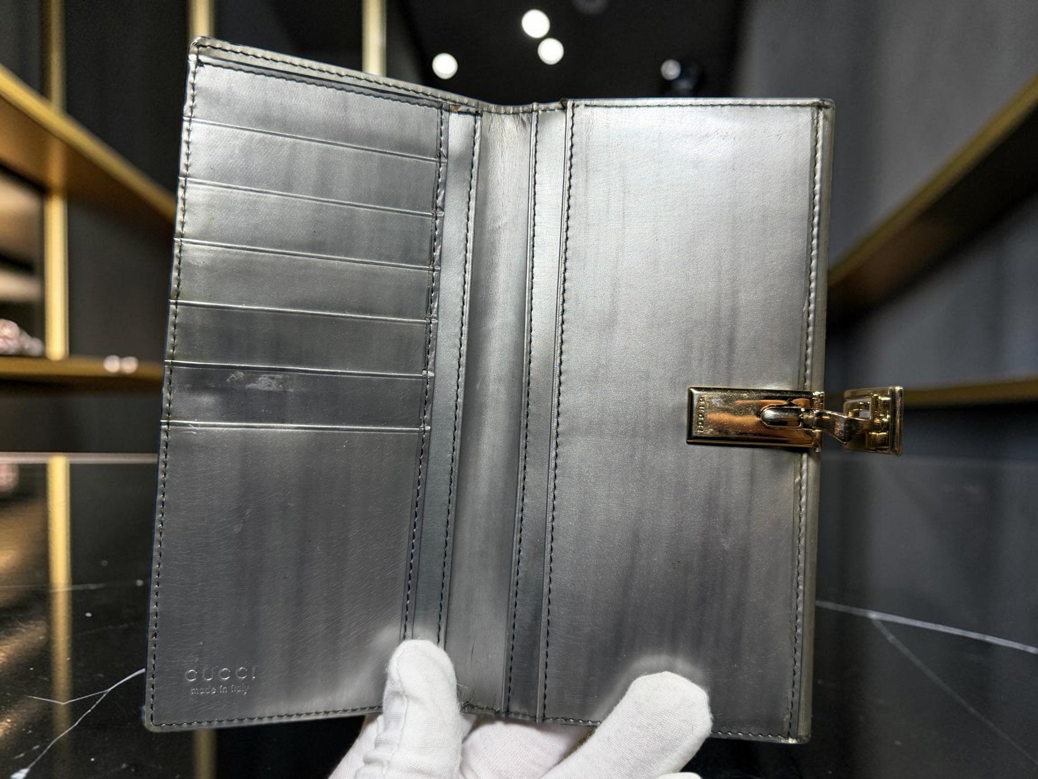 Vintage Gucci Metallic Silver Leather Long Wallet