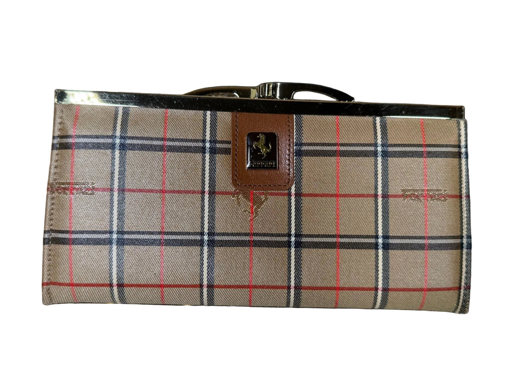 Rare Vintage Ferrari leather Long Wallet in House Check Canvas