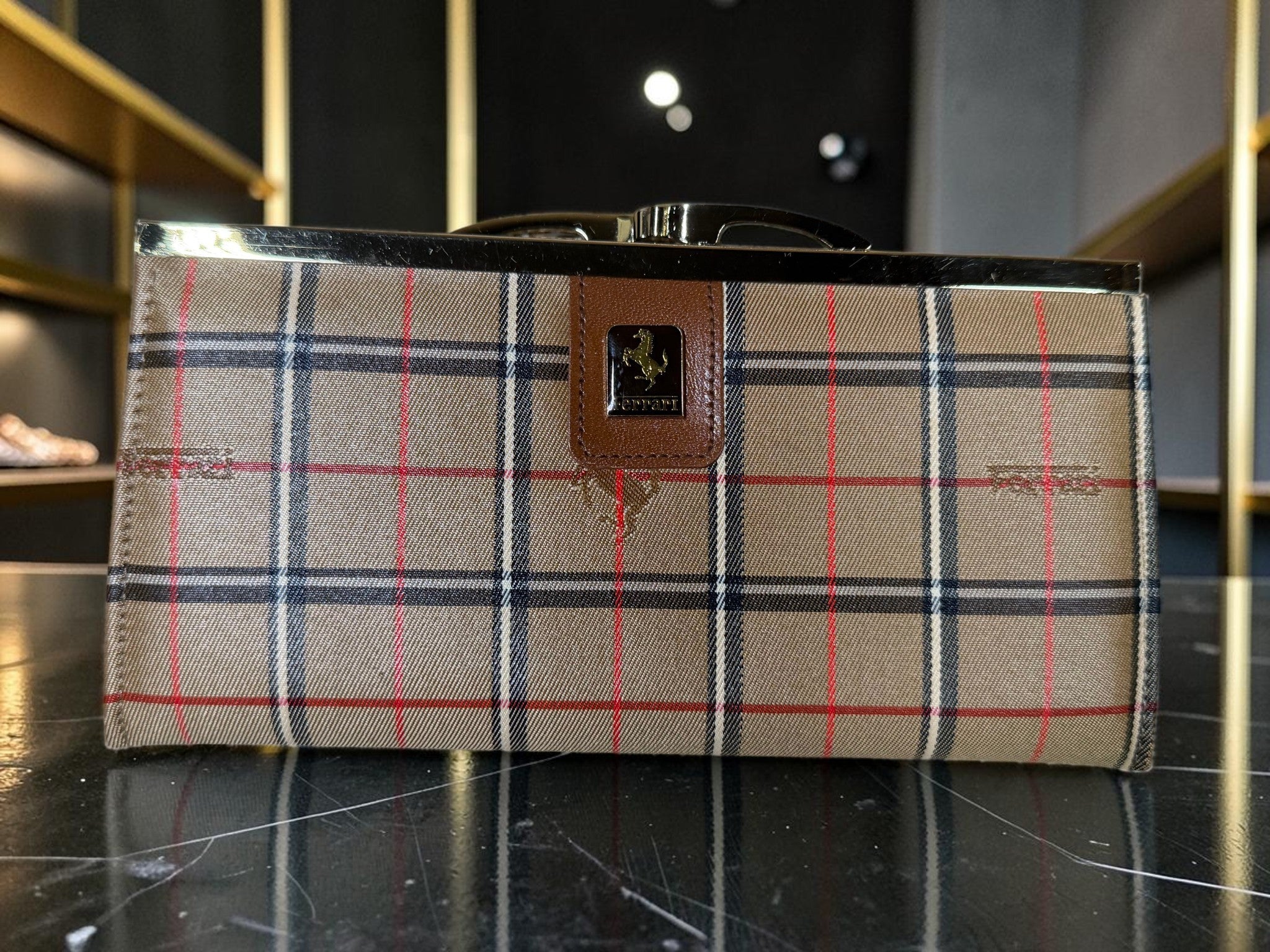 Rare Vintage Ferrari Long Wallet in House Check Canvas