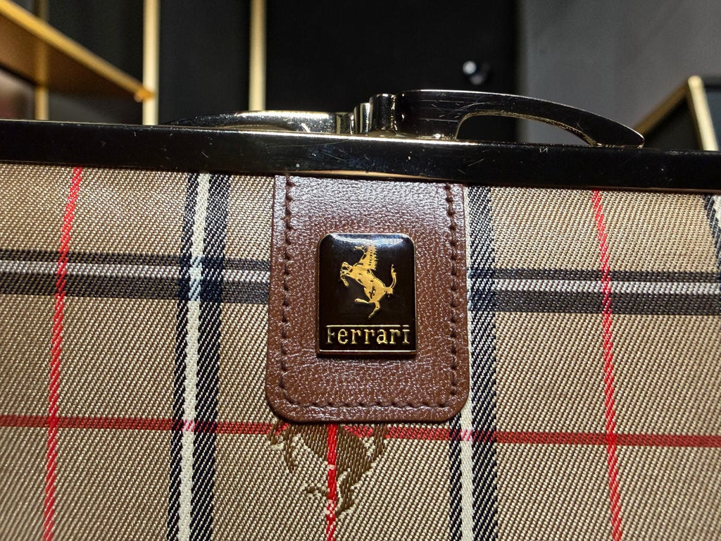 Rare Vintage Ferrari leather Long Wallet in House Check Canvas