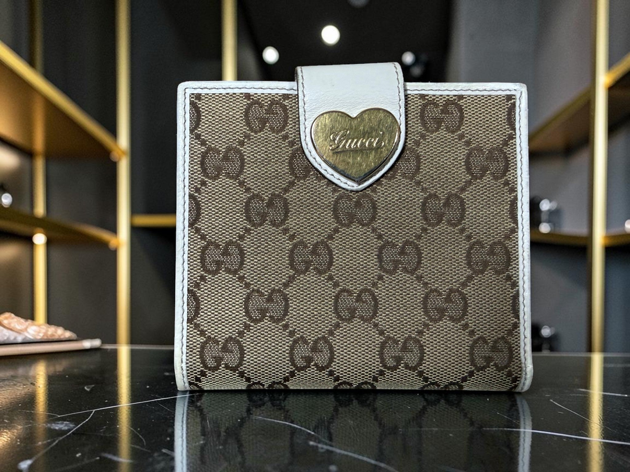 Gucci GG Canvas & White Leather Bifold Wallet with Heart Logo