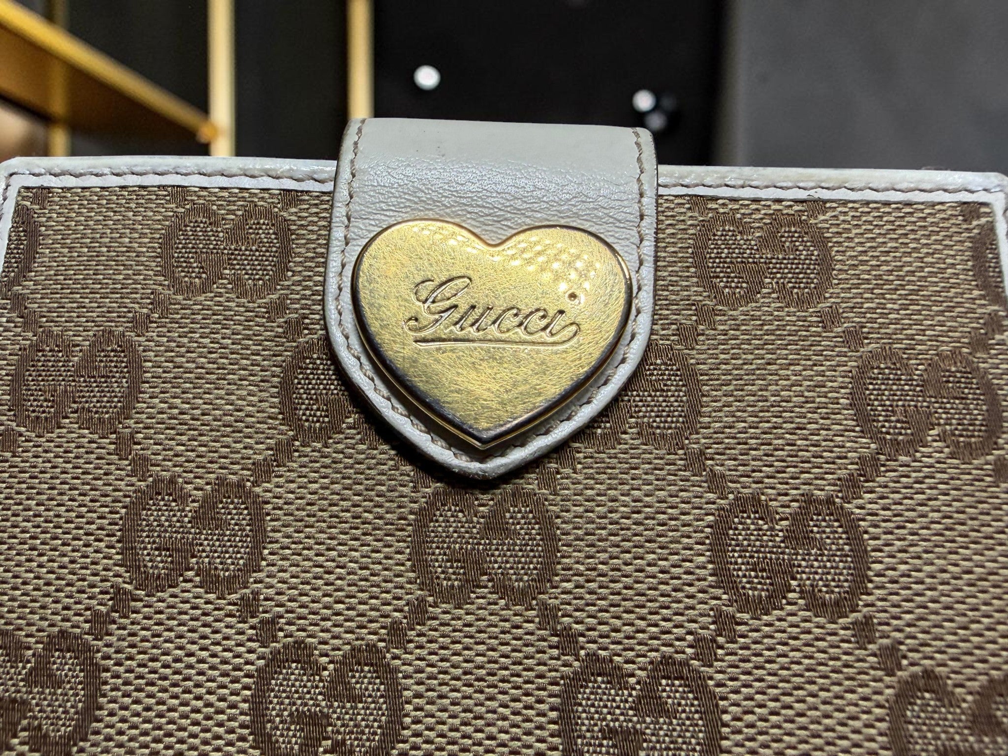 Gucci GG Canvas & White Leather Bifold Wallet with Heart Logo