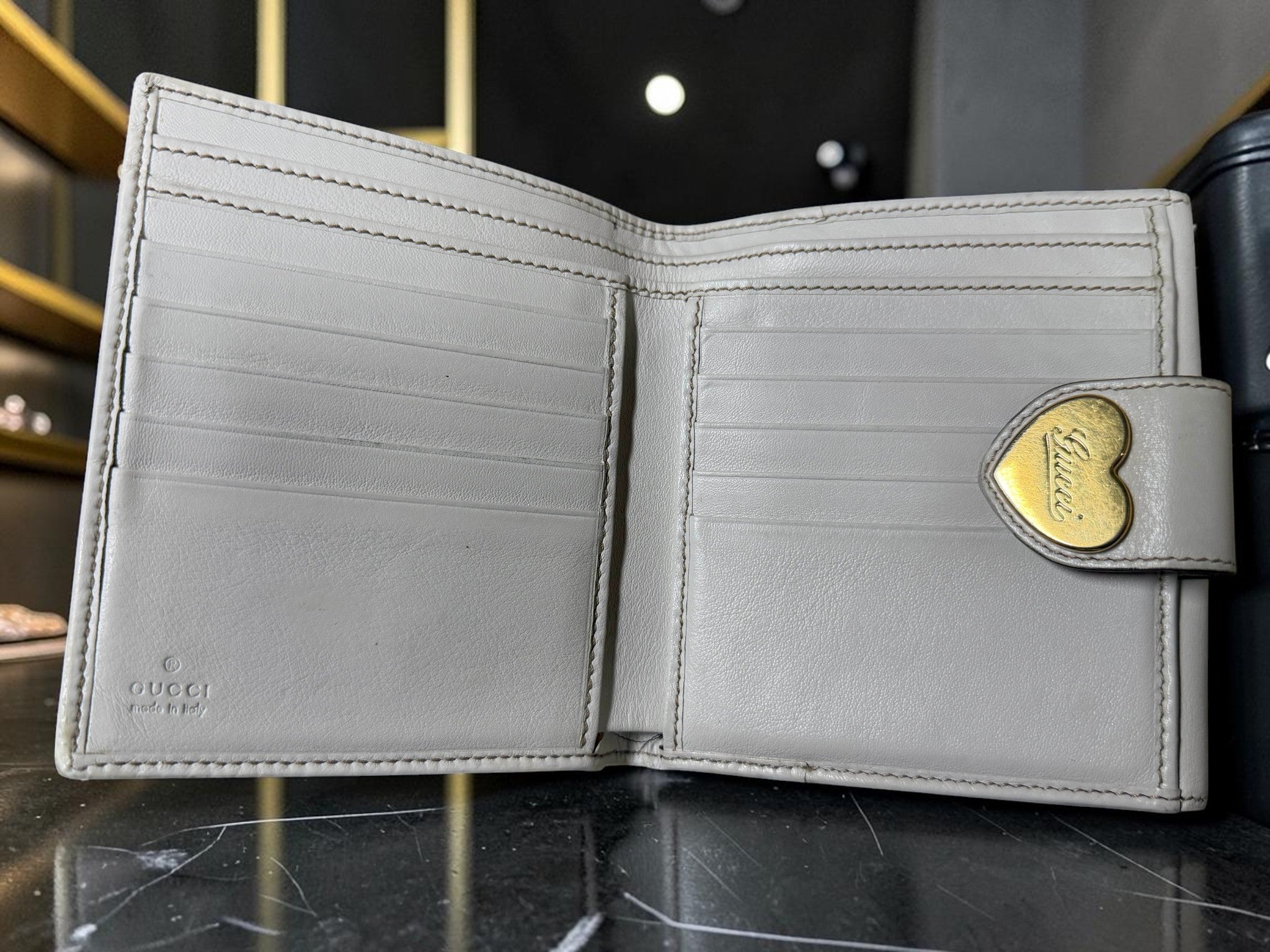 Gucci GG Canvas & White Leather Bifold Wallet with Heart Logo