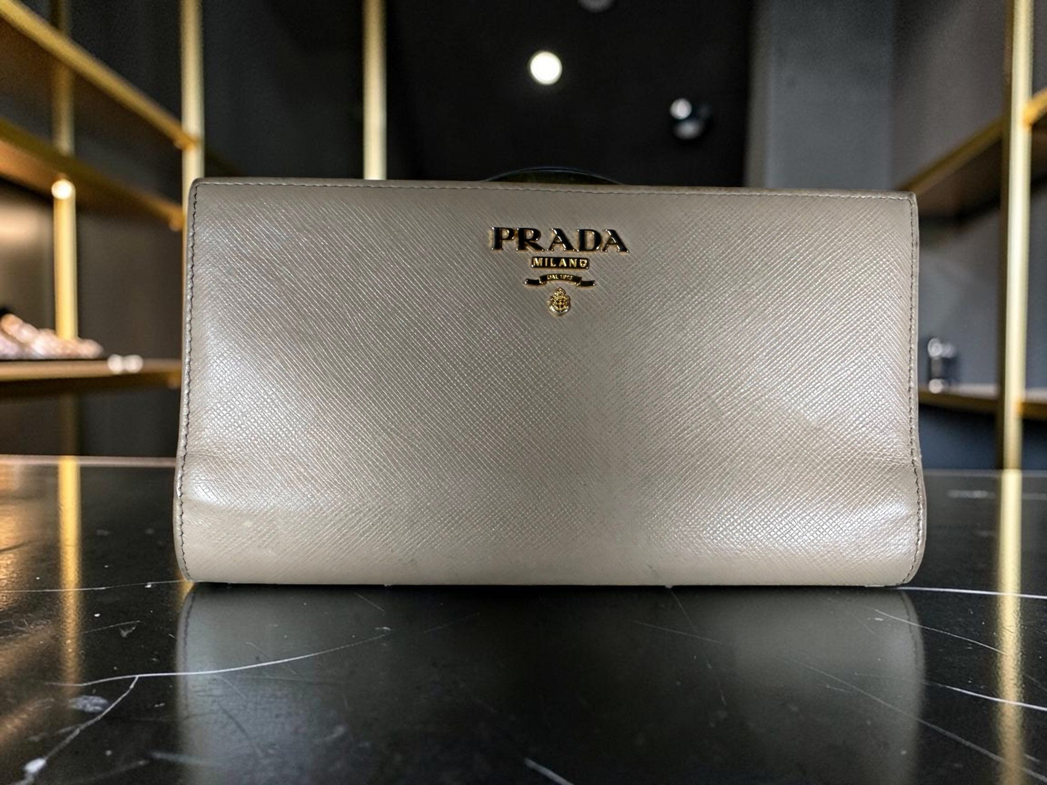 Rare Prada Cammeo Saffiano Leather Double-Sided Metal Frame Continental Trifold Wallet / Clutch