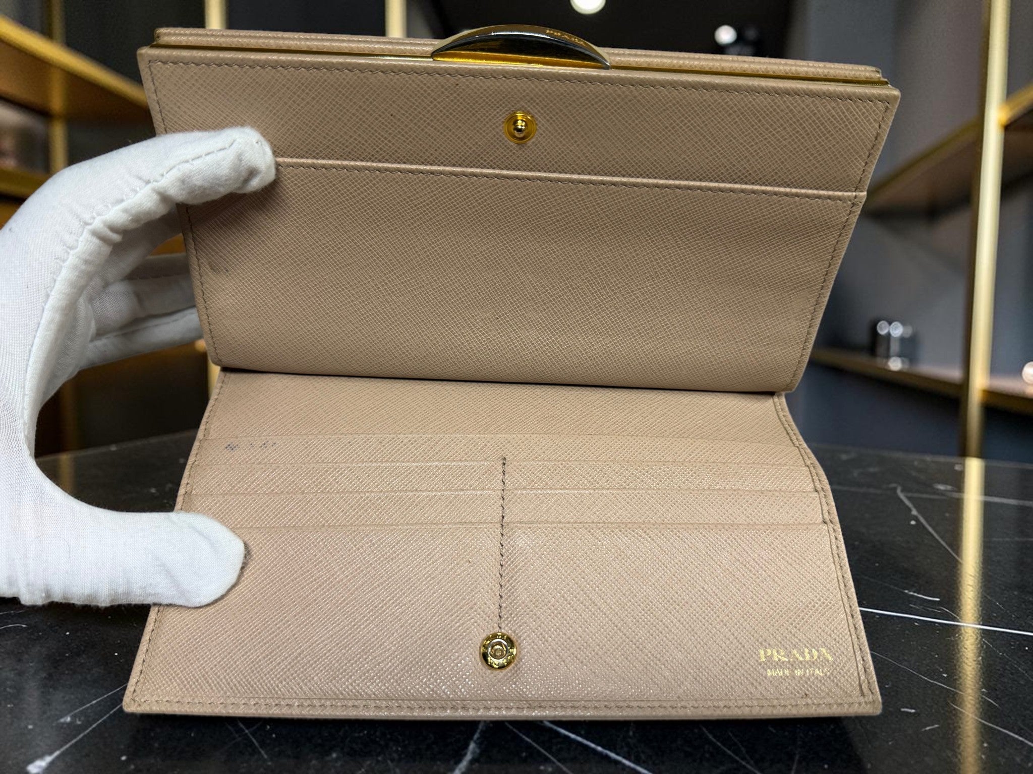 Rare Prada Cammeo Saffiano Leather Double-Sided Metal Frame Continental Trifold Wallet / Clutch