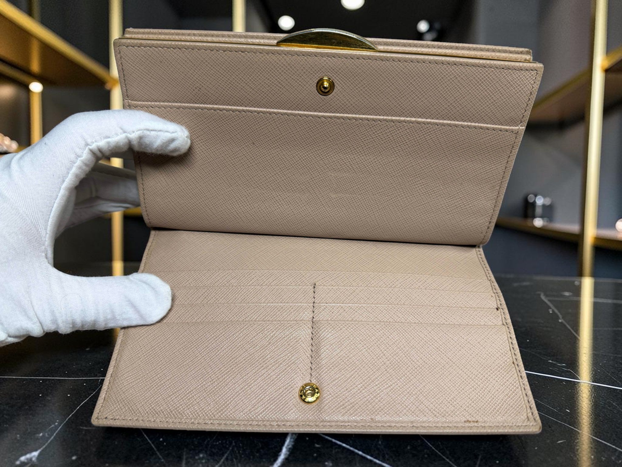 Rare Prada Cammeo Saffiano Leather Double-Sided Metal Frame Continental Trifold Wallet / Clutch