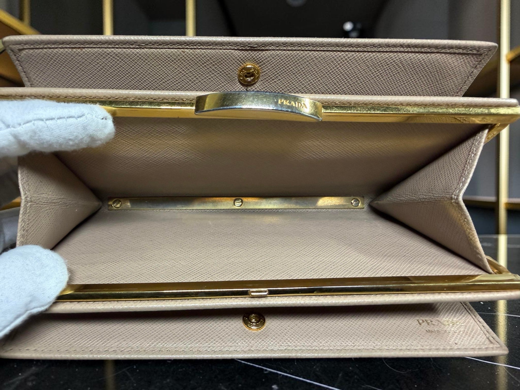 Rare Prada Cammeo Saffiano Leather Double-Sided Metal Frame Continental Trifold Wallet / Clutch
