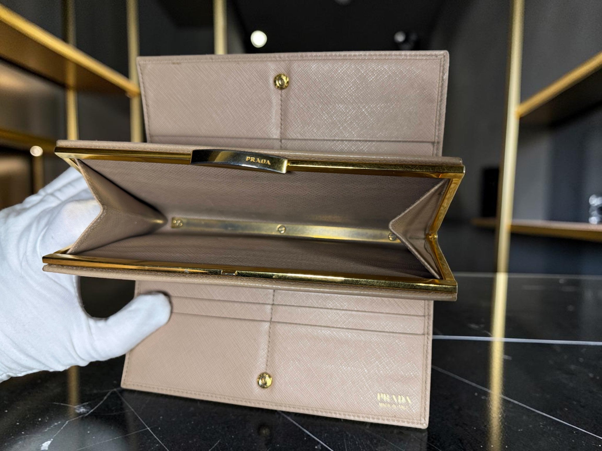 Rare Prada Cammeo Saffiano Leather Double-Sided Metal Frame Continental Trifold Wallet / Clutch