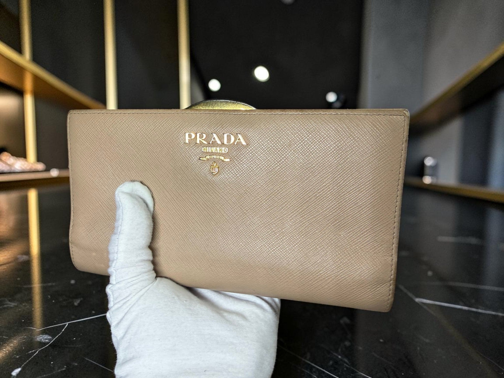 Rare Prada Cammeo Saffiano Leather Double-Sided Metal Frame Continental Trifold Wallet / Clutch