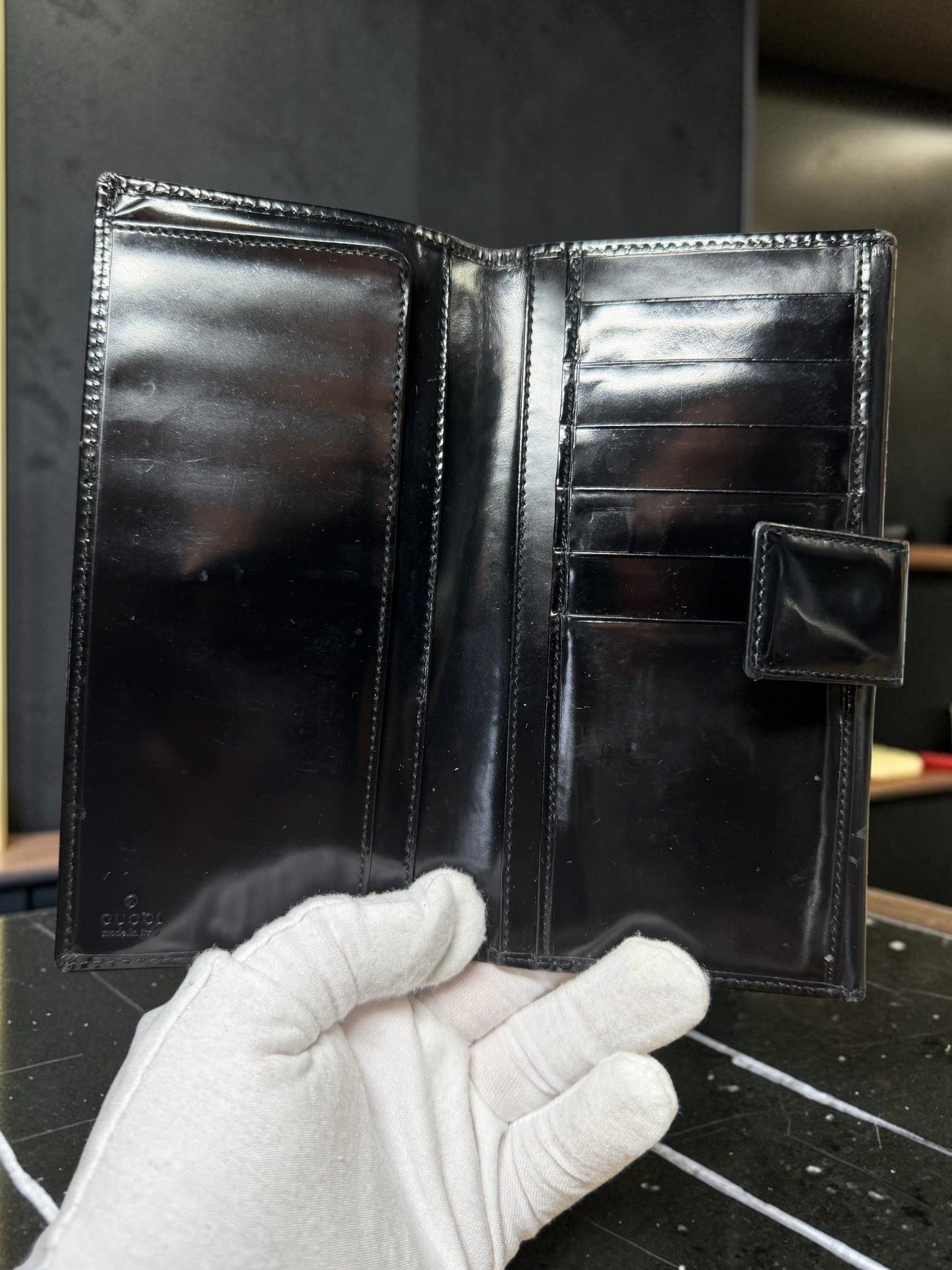 Gucci Black Patent Leather Continental Wallet