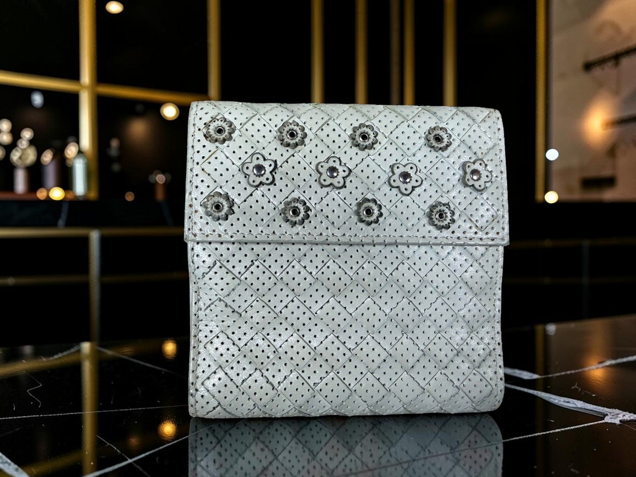 Bottega Veneta Grey Intrecciato Leather Flower Wallet