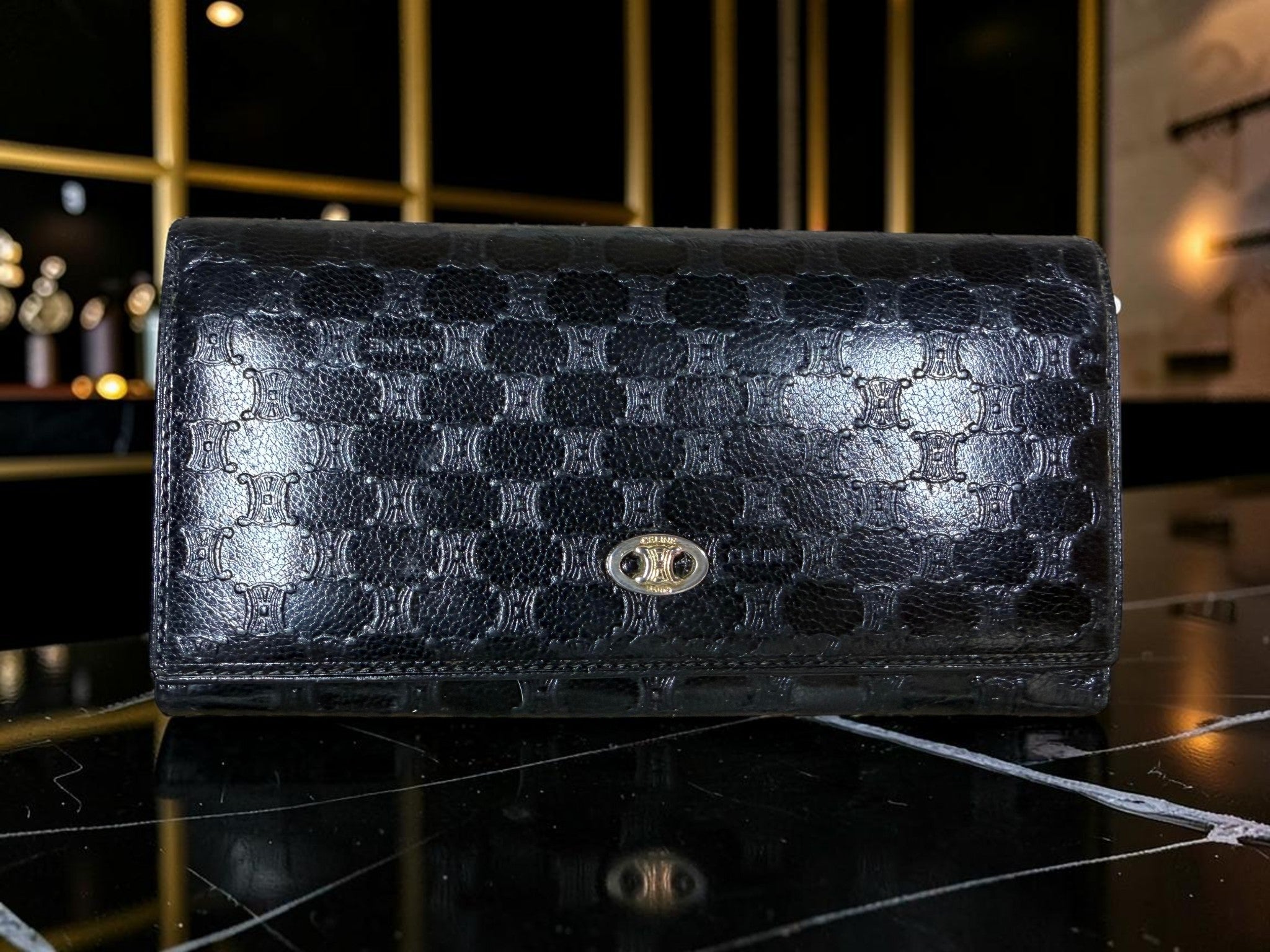 Vintage Celine Triomphe Monogram Black Leather Kiss-Lock Continental Wallet