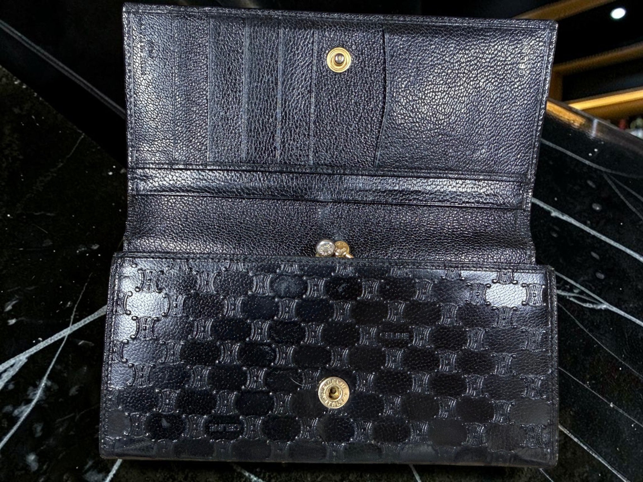 Vintage Celine Triomphe Monogram Black Leather Kiss-Lock Continental Wallet