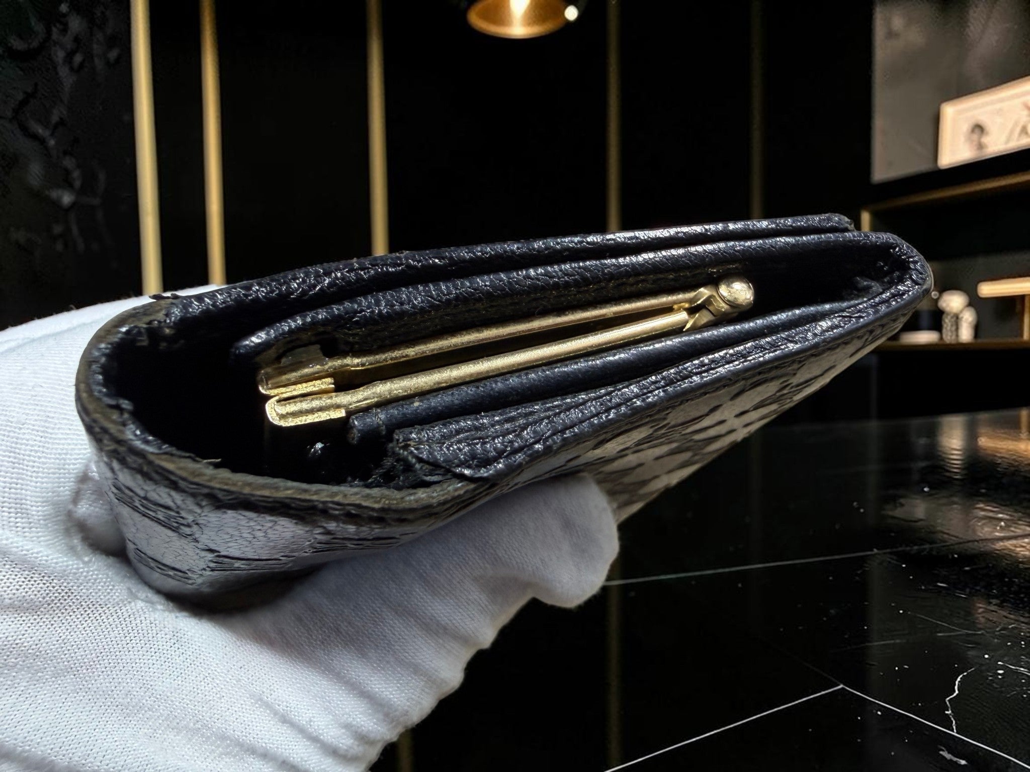 Vintage Celine Triomphe Monogram Black Leather Kiss-Lock Continental Wallet