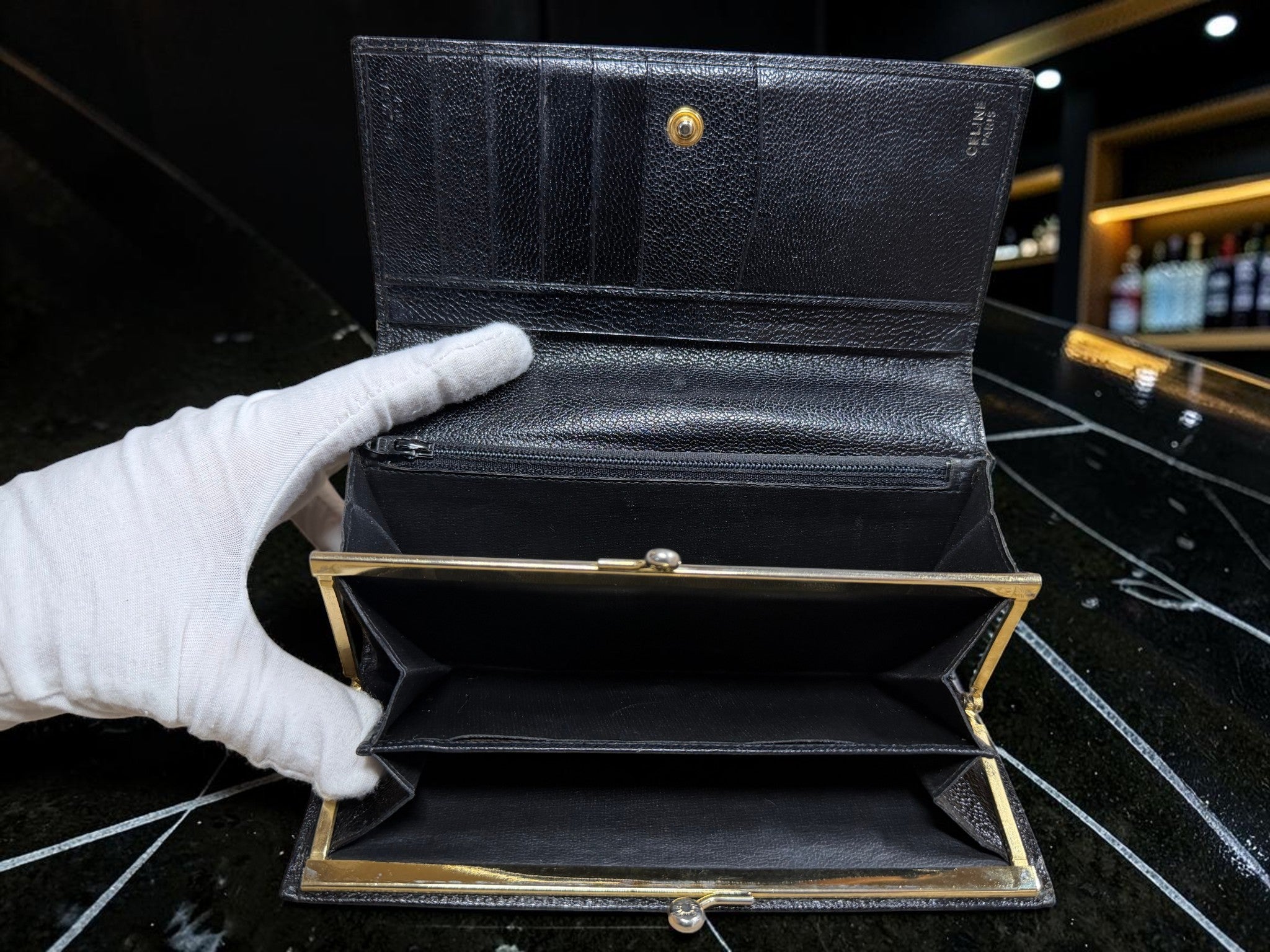 Vintage Celine Triomphe Monogram Black Leather Kiss-Lock Continental Wallet