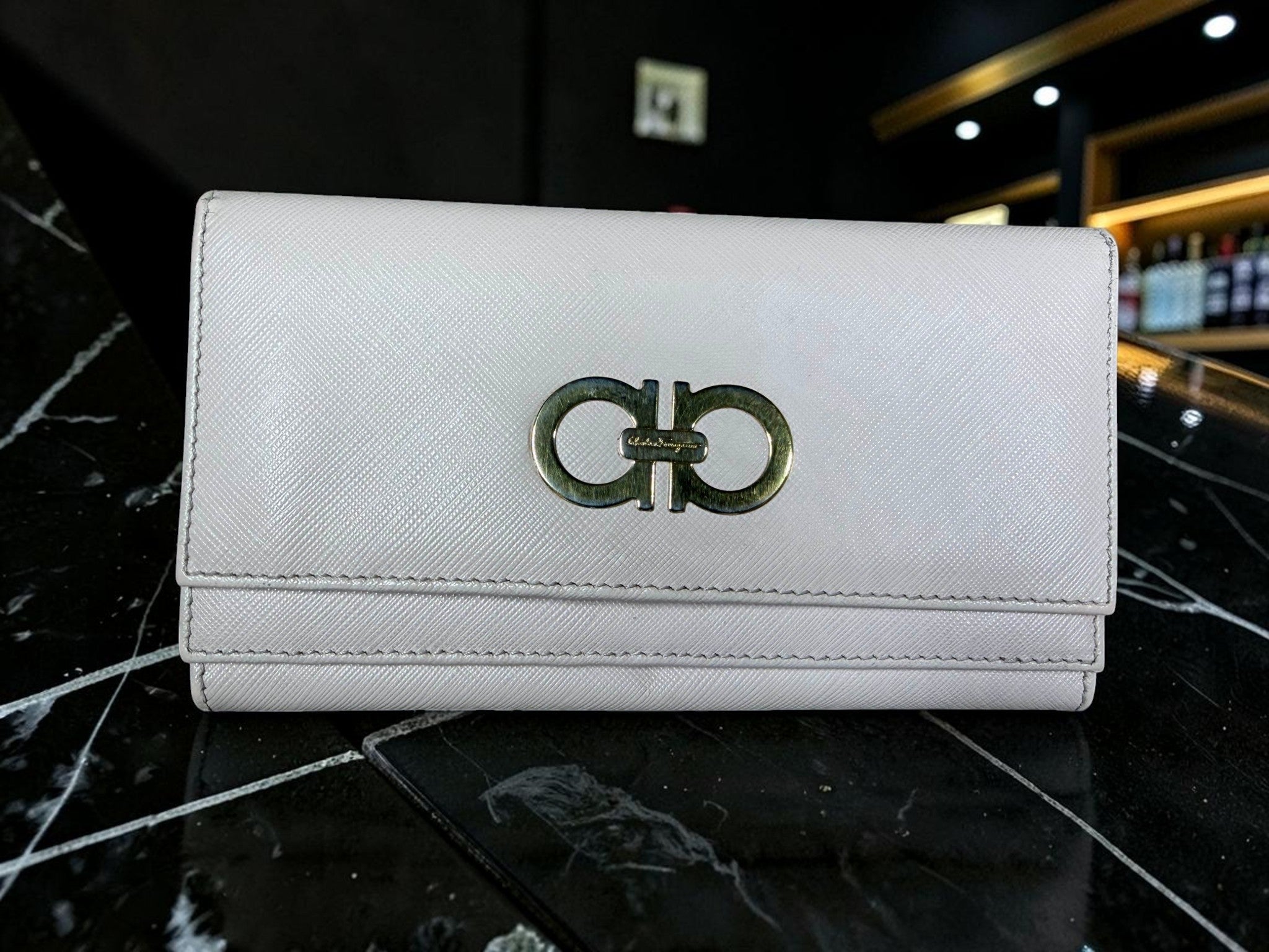 Salvatore Ferragamo Gancini Light Pink Saffiano Continental Trifold Wallet