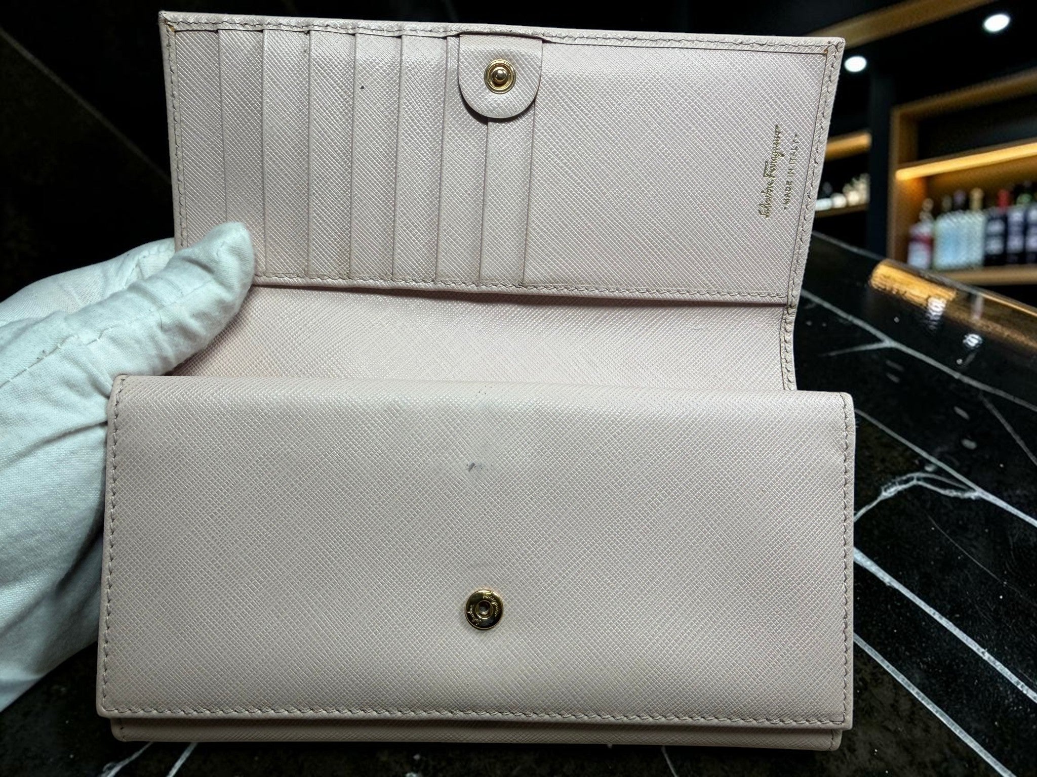 Salvatore Ferragamo Gancini Light Pink Saffiano Continental Trifold Wallet