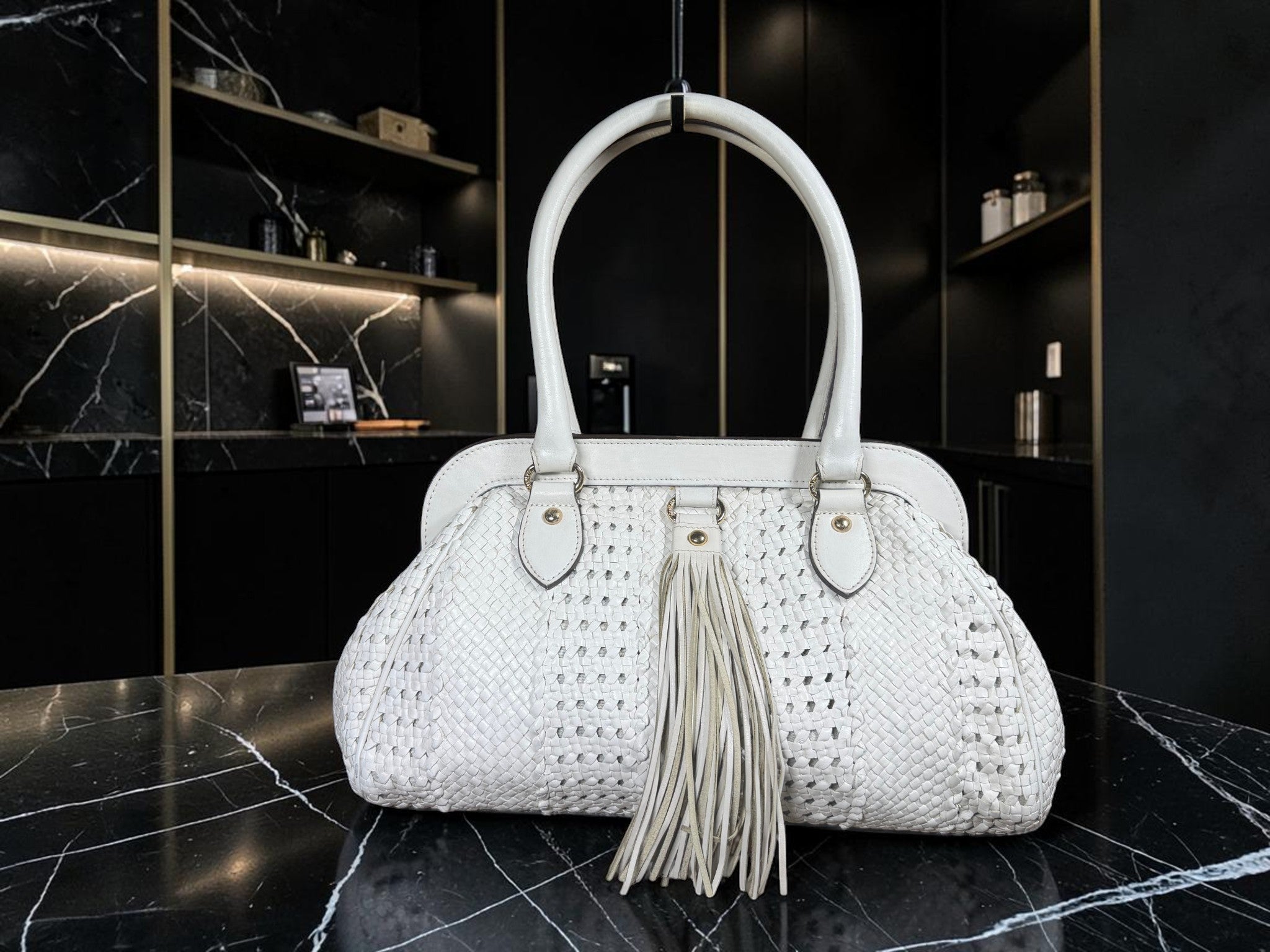 Max Mara White Woven Leather Tote Bag