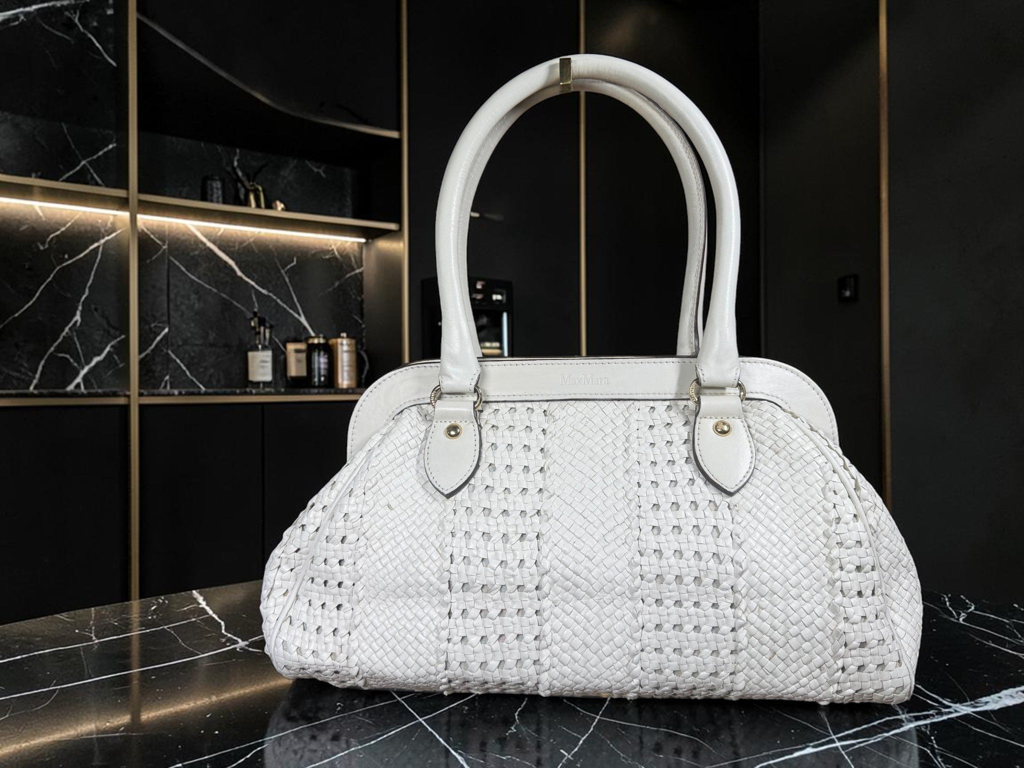 Max Mara White Woven Leather Tote Bag
