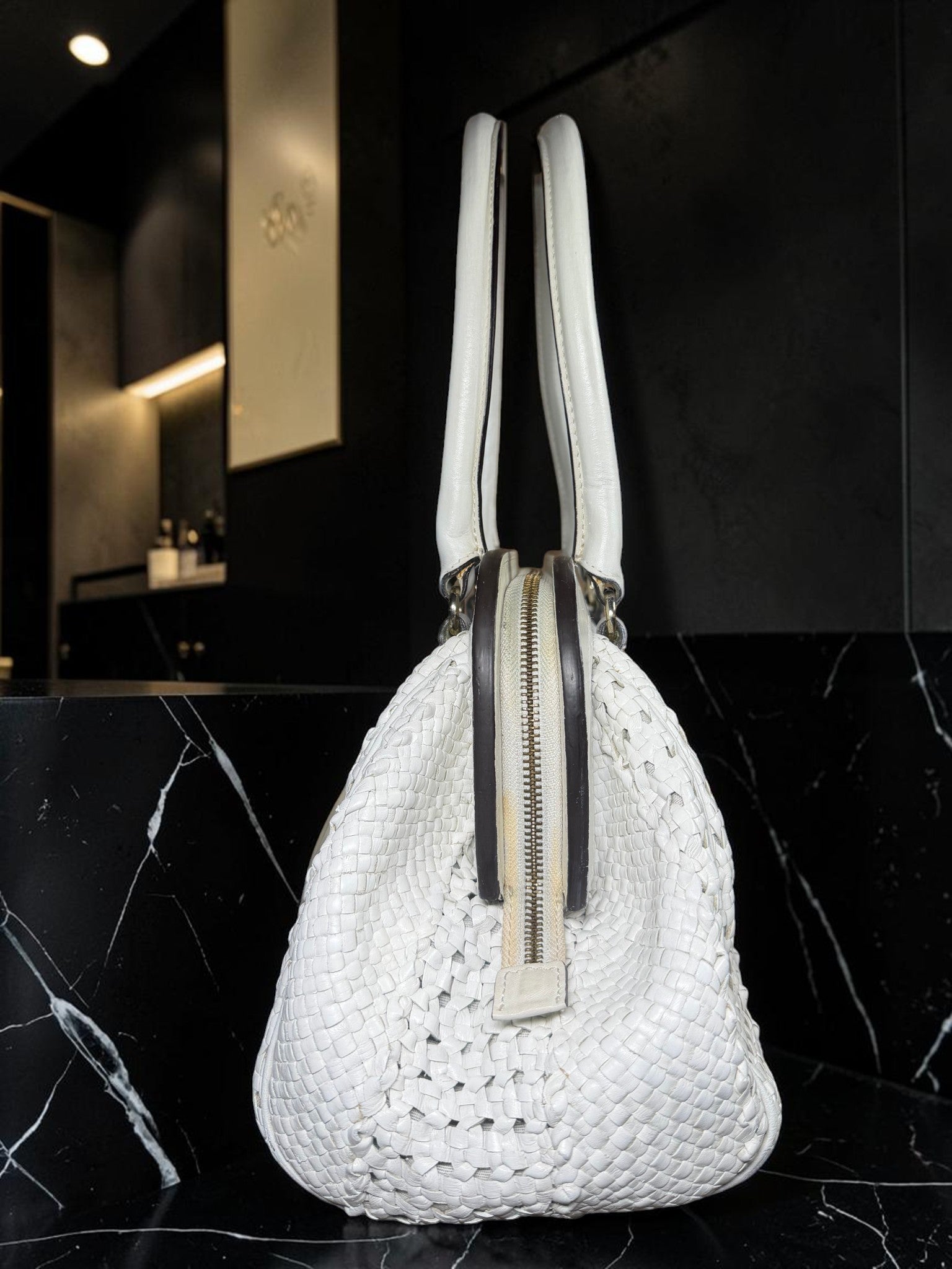 Max Mara White Woven Leather Tote Bag