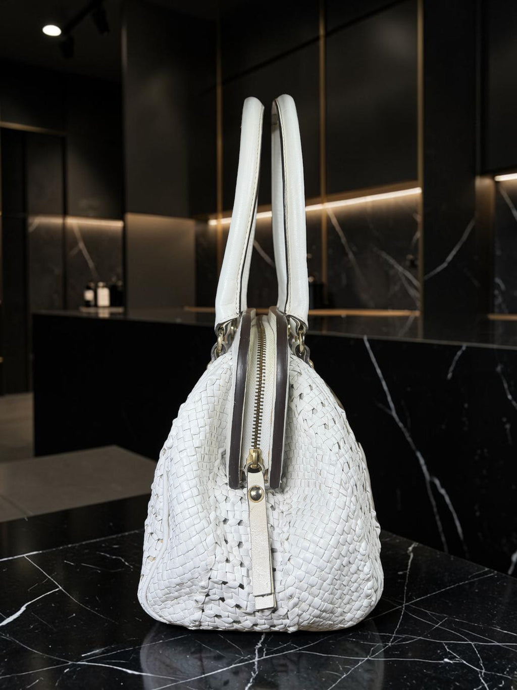 Max Mara White Woven Leather Tote Bag