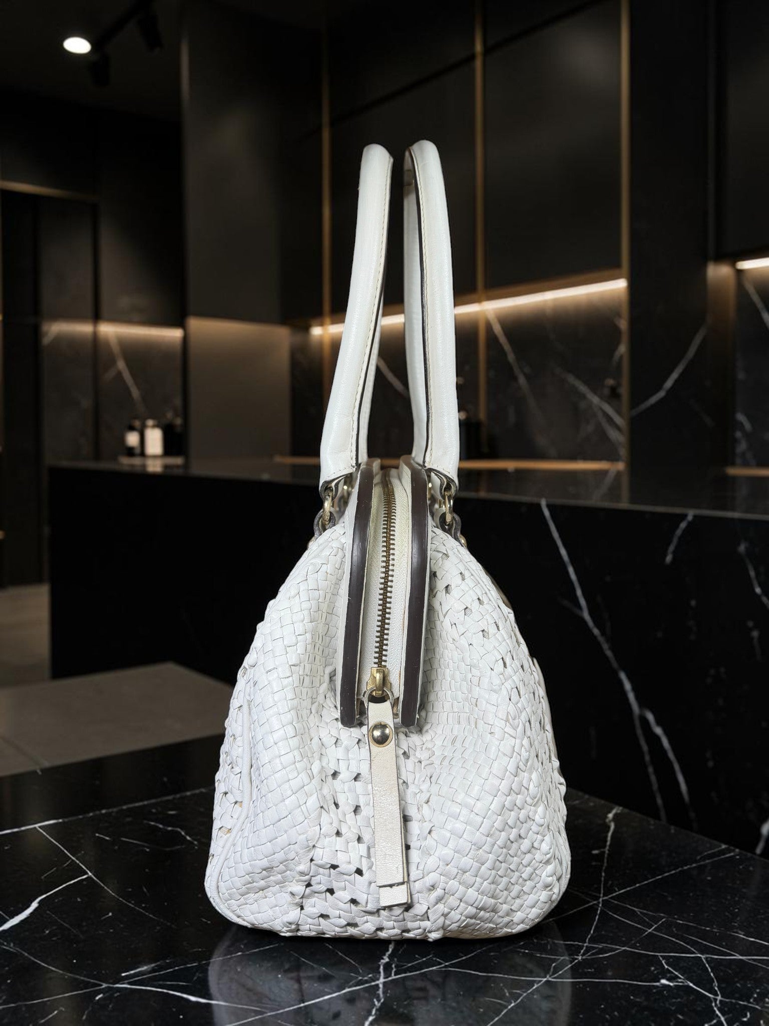 Max Mara White Woven Leather Tote Bag