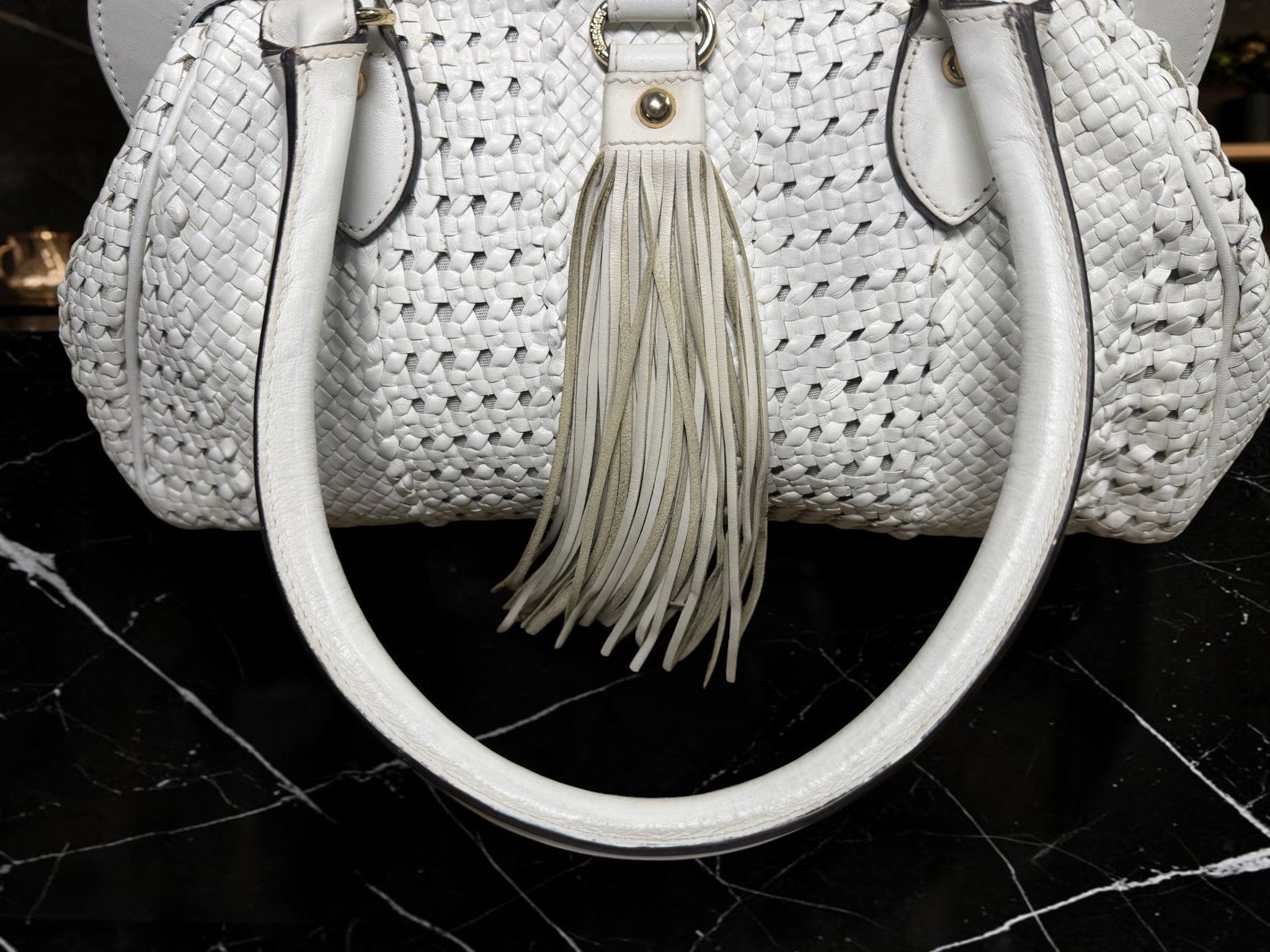 Max Mara White Woven Leather Tote Bag