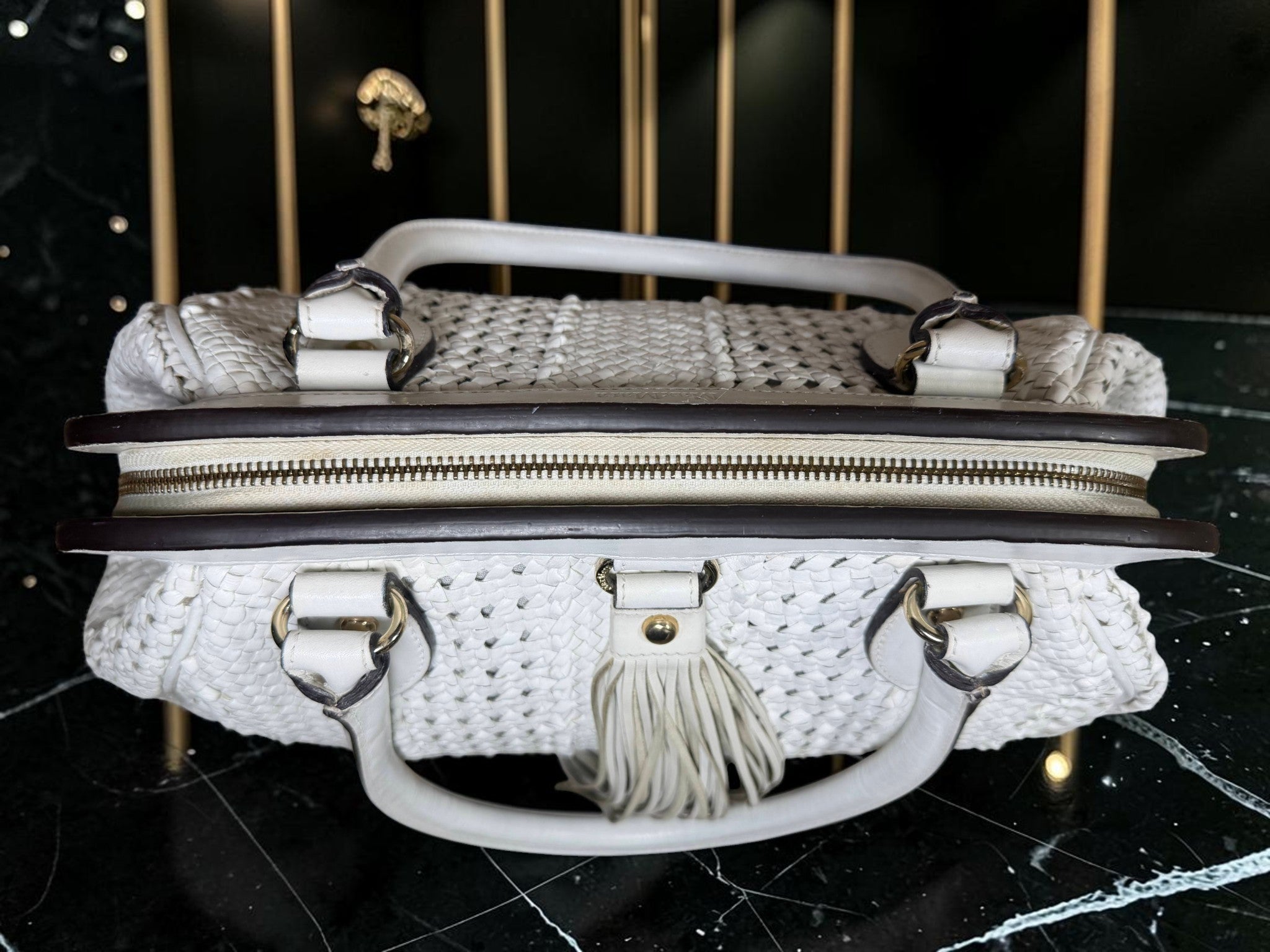 Max Mara White Woven Leather Tote Bag