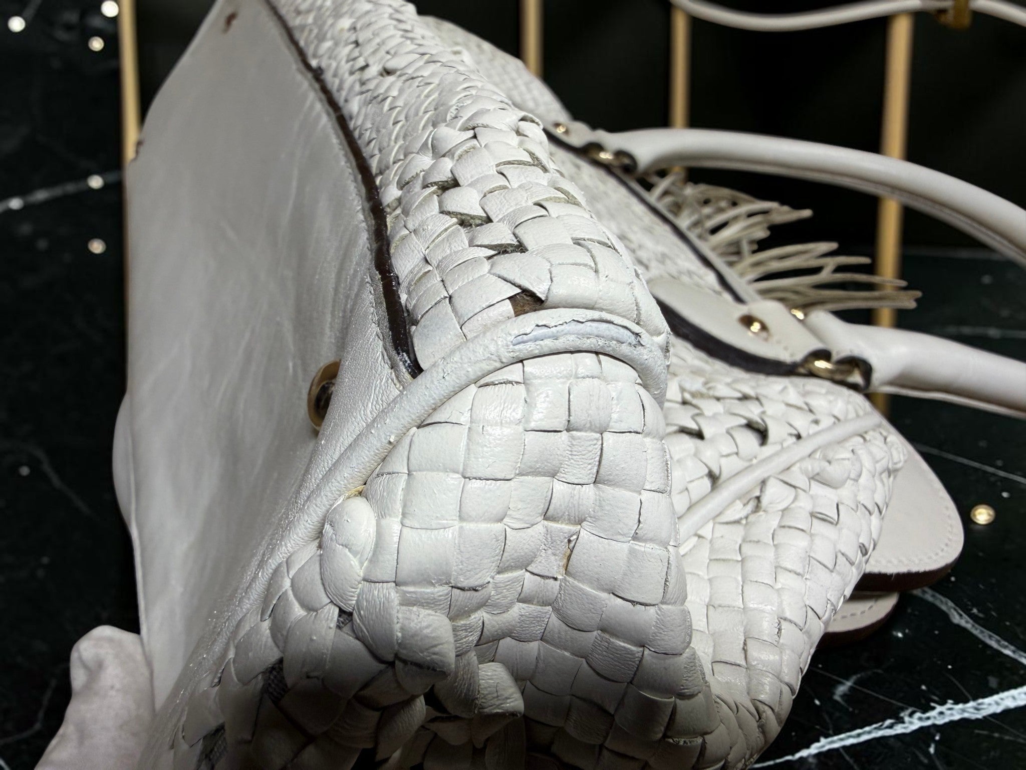 Max Mara White Woven Leather Tote Bag