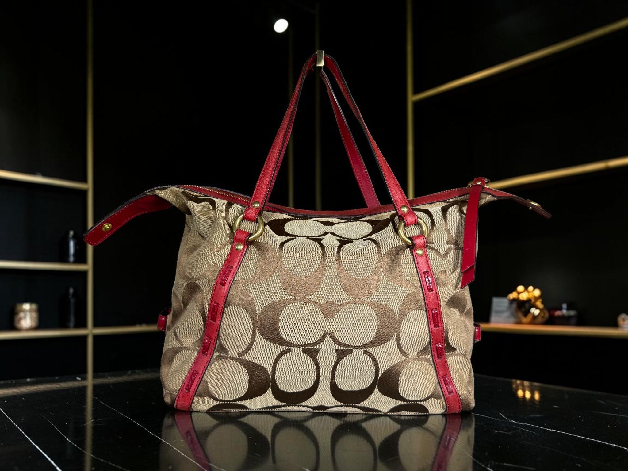 Vintage Coach Boston Bag – Signature Canvas & Red Leather, Style M0926 - F13006