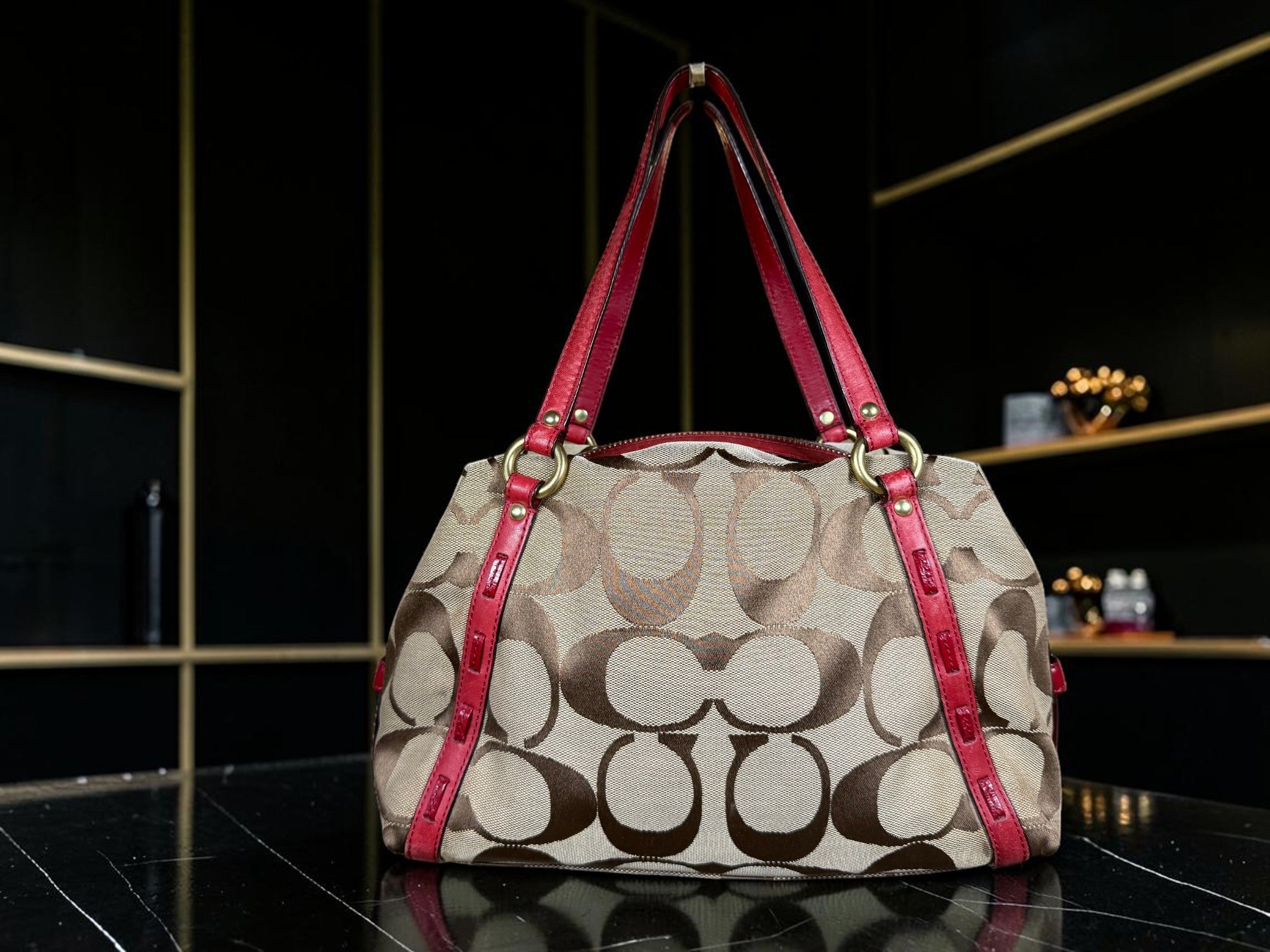 Vintage Coach Boston Bag – Signature Canvas & Red Leather, Style M0926 - F13006